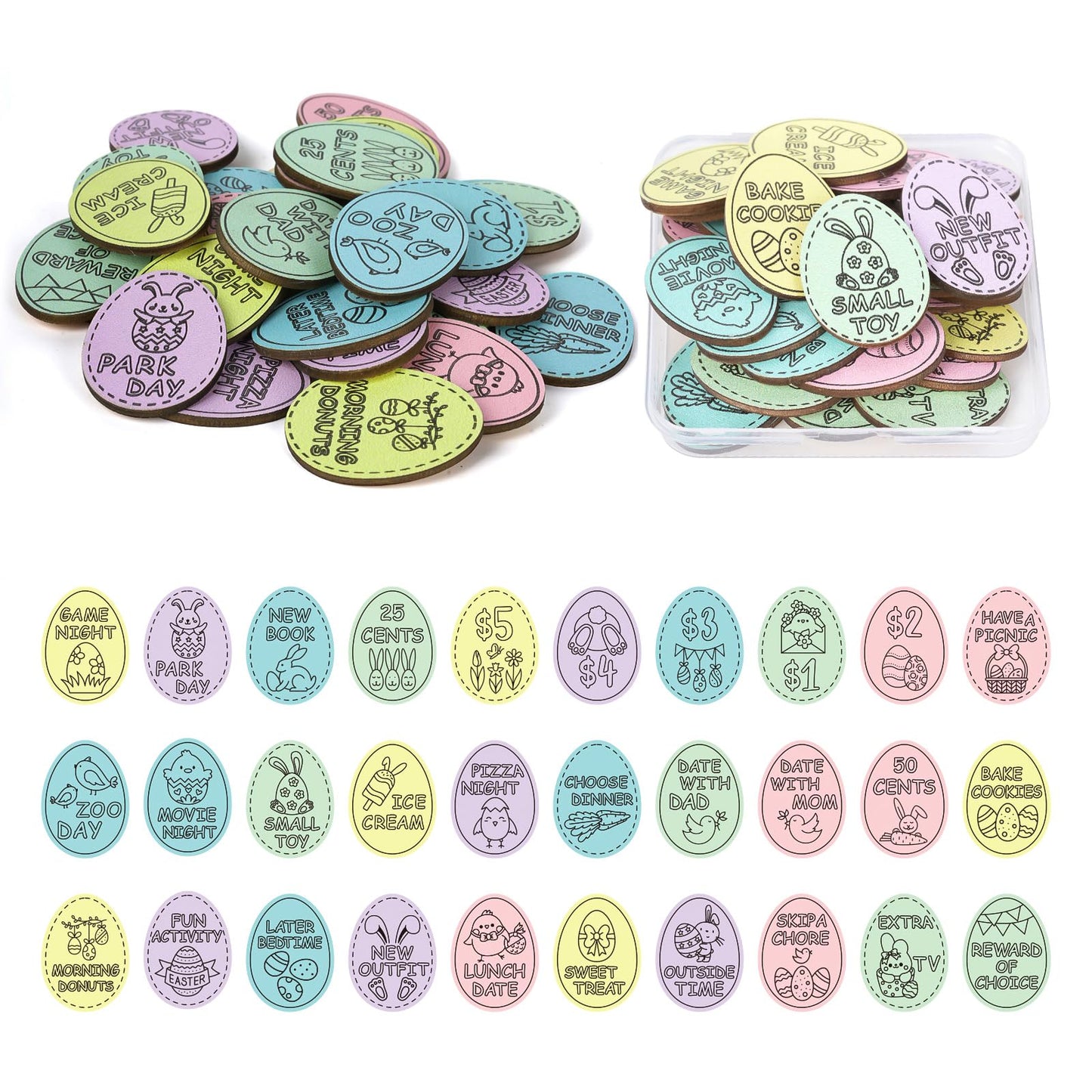 Hedeey Easter Egg Fillers,30 Pack Wooden Easter Egg Tokens for Kid,Easter Stuffers with 30 Different Engraved Sayings,Easter Egg