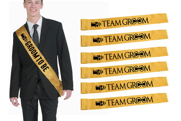 Hubops 7 Pcs 1 Groom to be sash + 6 Team Groom Sash for Set Wedding Stag Night Bachelor Party Decoration (Gold Team Groom)