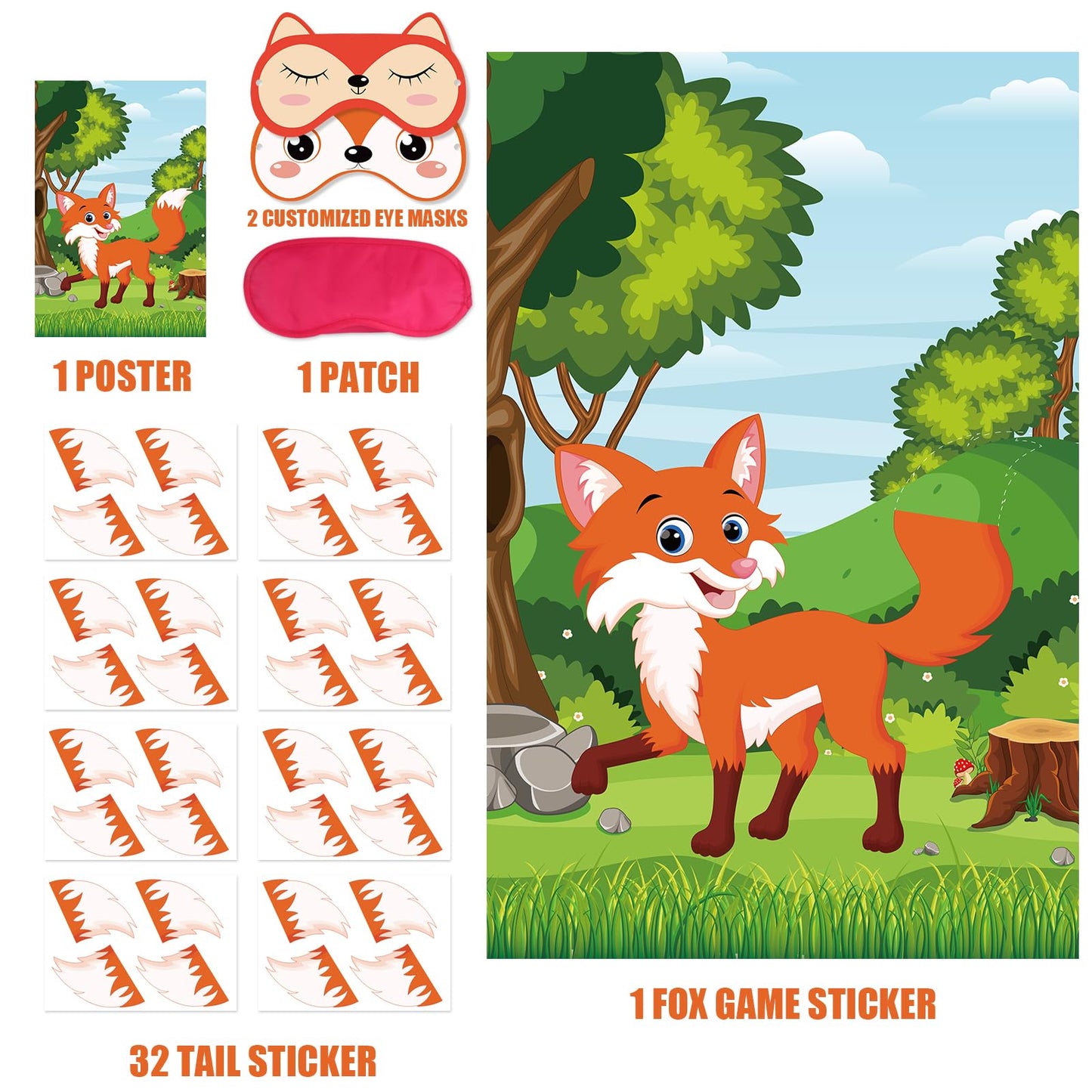 Eaezerav Pin The Tail On The Fox Party Game With 32 Tails Fox Woodland Animal Party Games Poster For Kids Birthday Party Carniva