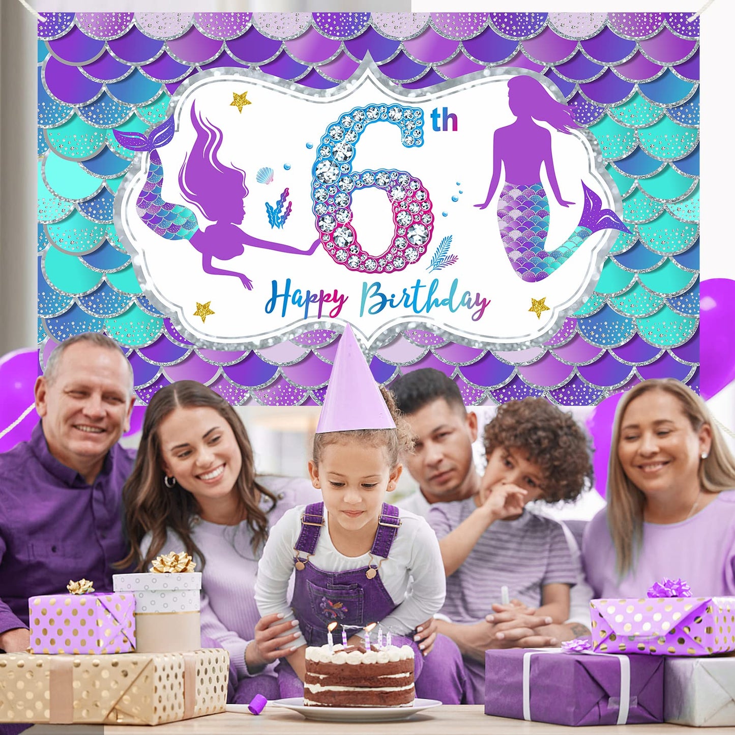 Eiurteao Mermaid 6Th Birthday Banner Decorations For Girls, Little Mermaid Themed Happy 6 Birthday Background Sign Party Supplie