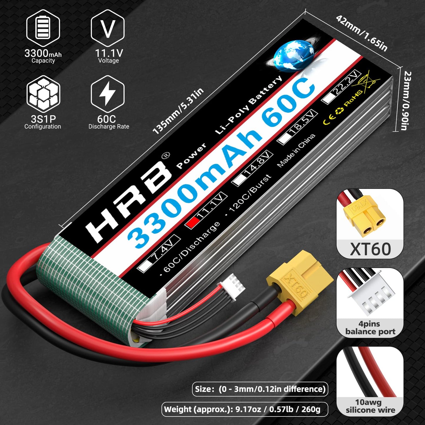 HRB 2PCS 3S Lipo Battery 11.1V 3300mAh 60C XT60 for RC Car, Truck, Quadcopter, Airplane, Helicopter