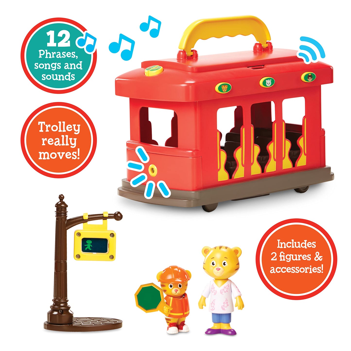 Daniel Tiger'S Neighborhood Deluxe Electronic Trolley Vehicle With 2 Songs, 12 Phrases, Sounds & Light! Daniel & Mom Tiger Figur