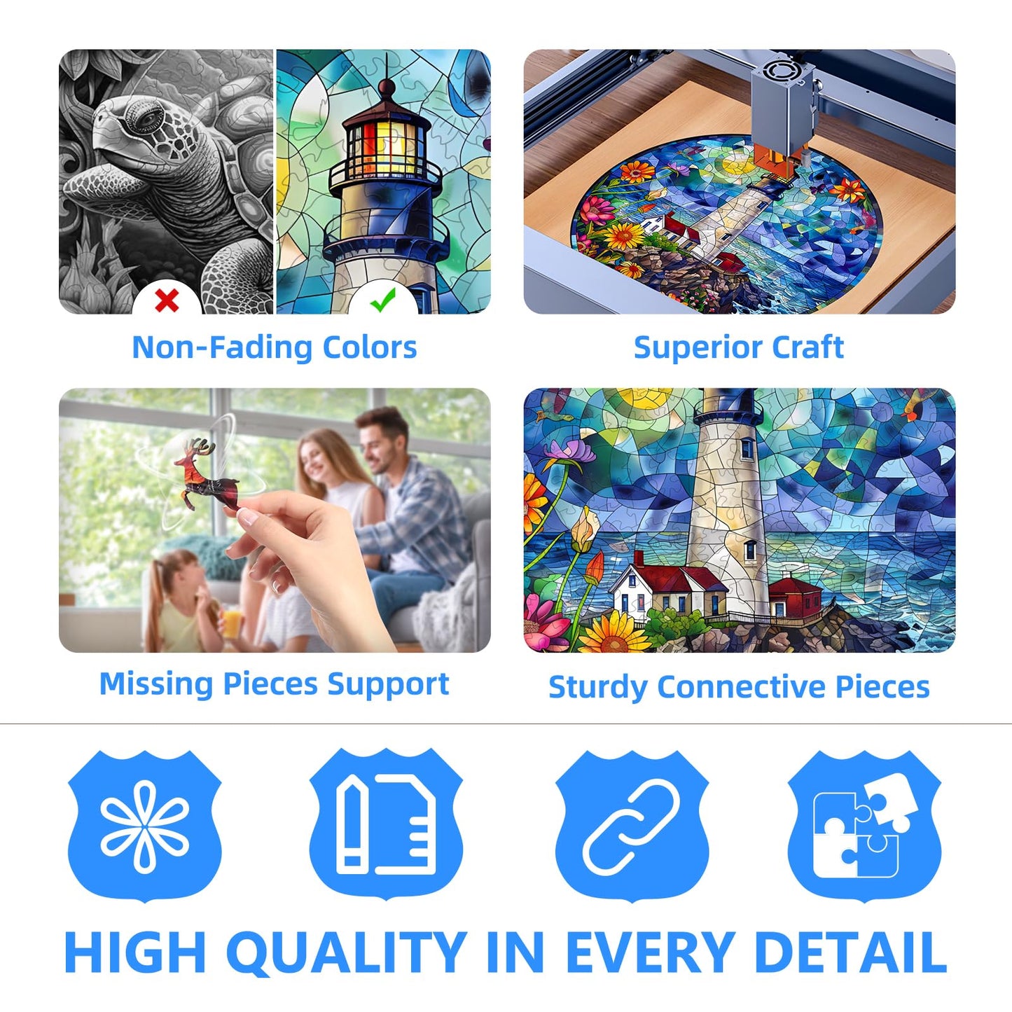 Wooden Puzzles for mature-themeds  Stained Glass Lighthouse Wooden Jigsaw Puzzles for mature-themeds 300 Pieces  Seaside Flower Wood Puzzles mature-themed  Gifts for Friends and Family  Wall Art Canvas Puzzle (L 13.4*13.4in)