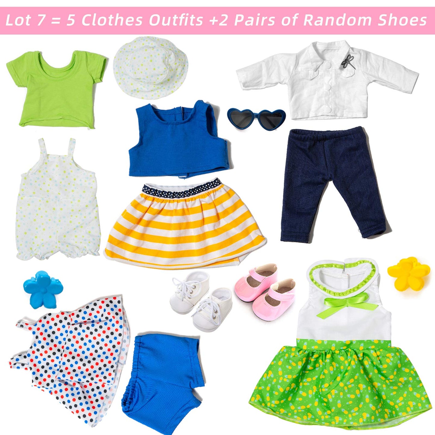 Xfeyue American 18 Inch Doll Clothes And Accessories 5 Sets Doll Clothes Dress Outfits + 2 Random Style Shoes For 18 Inch Doll Clothes