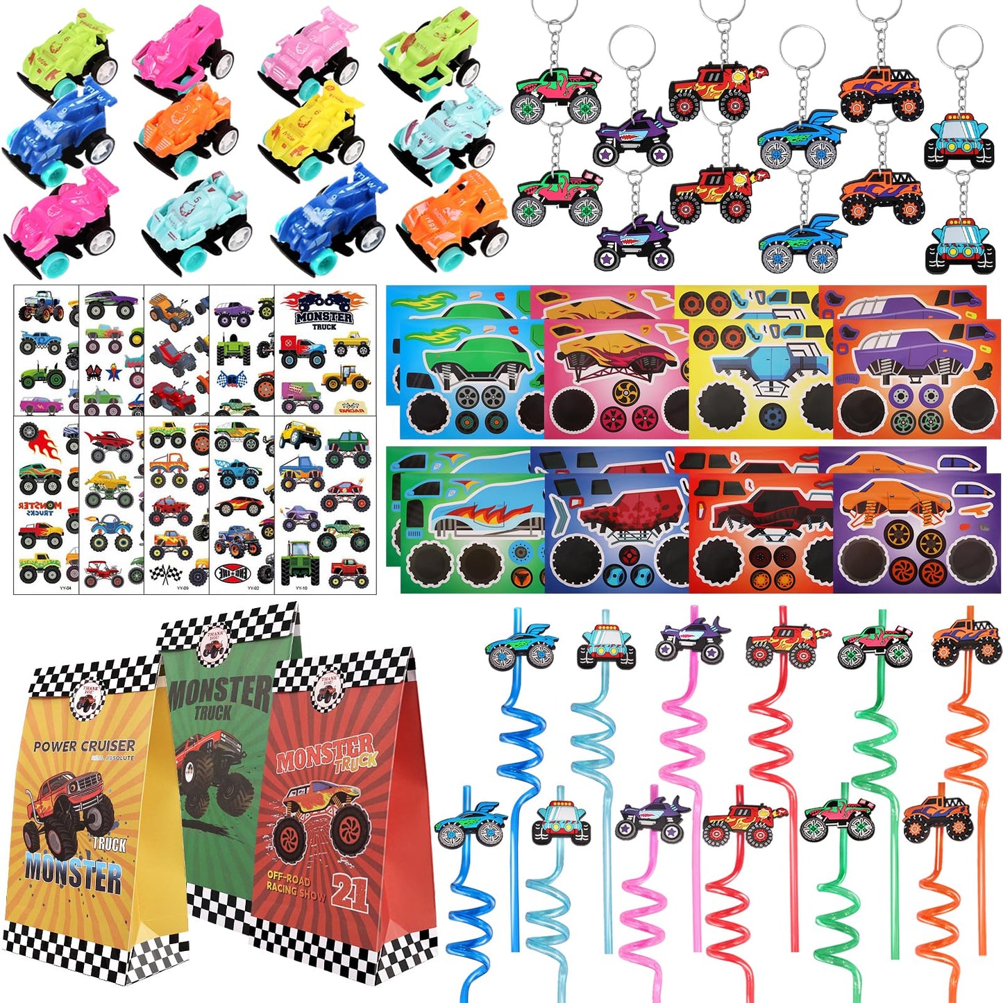 Monster Truck Party Favors Serve 12 Including Drinking Straws, Mini Pull Cars, Keychains, Gift Bags, Diy Stickers, Temporary Tat