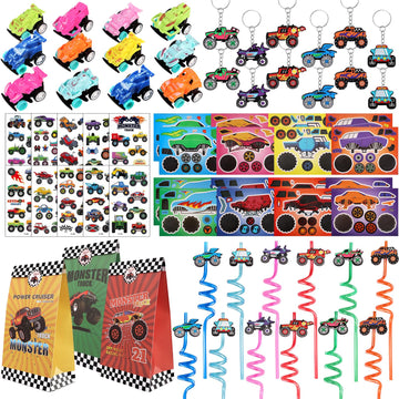 Monster Truck Party Favors Serve 12 Including Drinking Straws, Mini Pull Cars, Keychains, Gift Bags, Diy Stickers, Temporary Tat