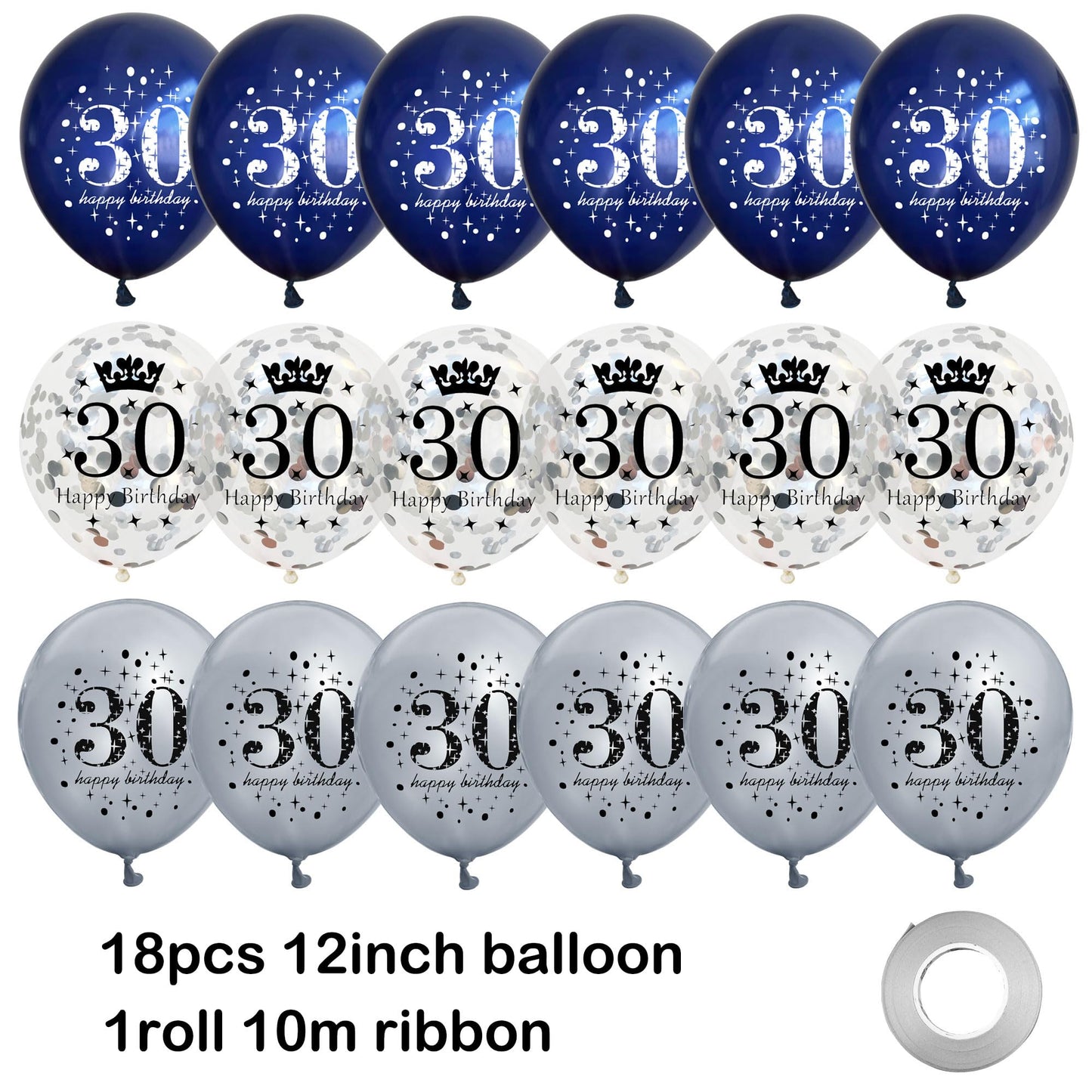 18Pcs Happy Birthday Balloons Decorations Navy Blue Silver 30Th Birthday Balloons Decoration Happy 30Th Birthday Confetti Latex