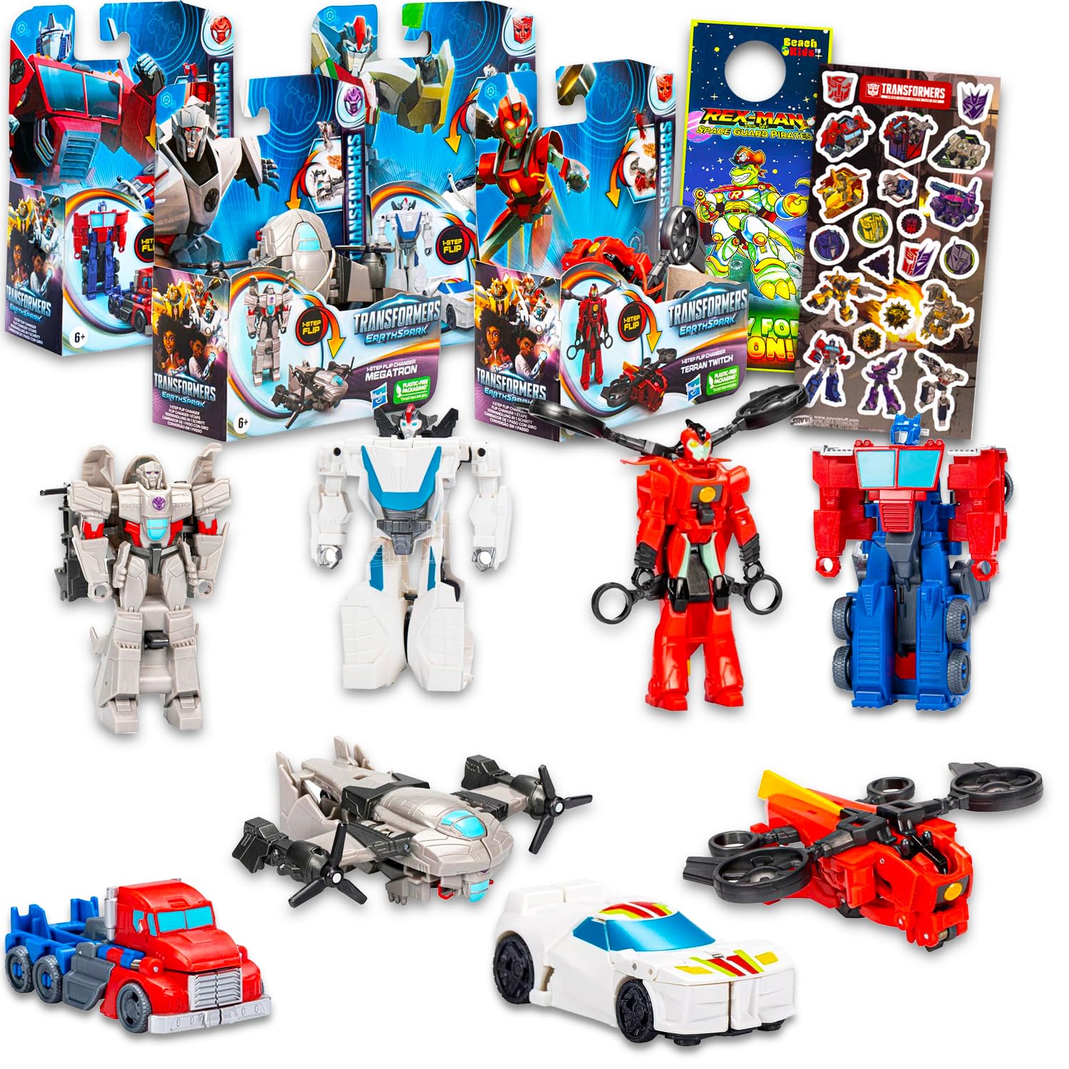 Transformers 1 Step Flip Changers Earthspark Action Figure Set - Bundle of 4 Toys: Wheeljack, Optimus Prime, Megatron, Terran Tw