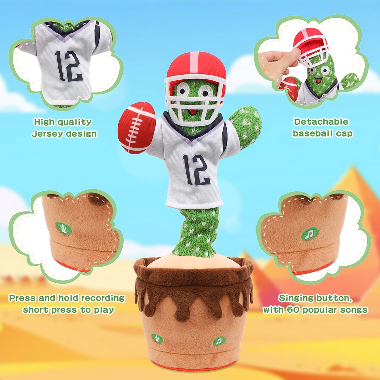 MIAODAM Dancing Football Cactus Toy, Singing, Talking, Record & Repeats What You say with 60 English Songs, Funny Eletronic Baby