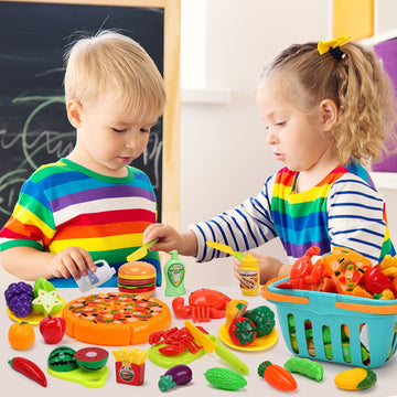 HOLYFUN 100 PCS Cutting Play Food Toy for Kids Kitchen, Pretend Fruit & Vegetables Accessories with Shopping Basket, Plastic Min