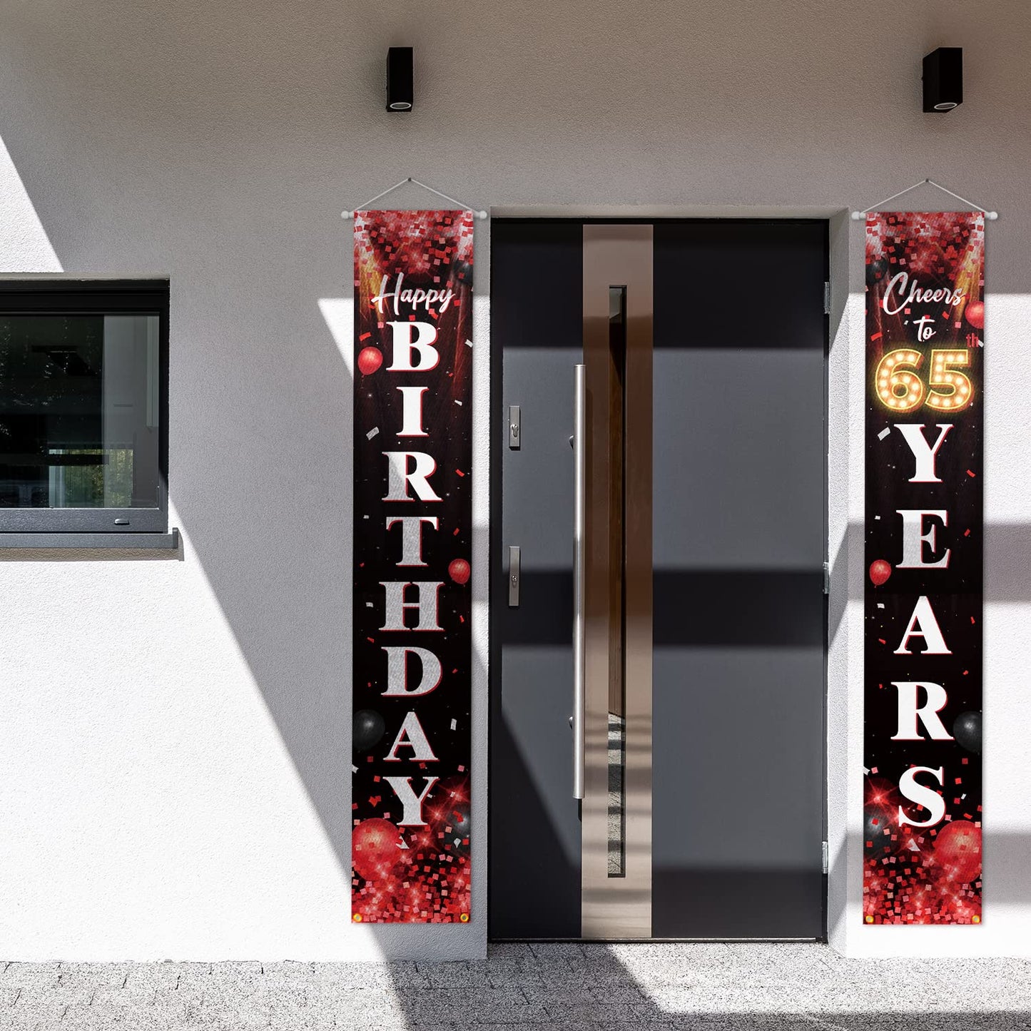 Happy 65Th Birthday Porch Sign Door Banner Decor Red And Black - Glitter Cheers To 65 Years Old Birthday Party Theme Decorations