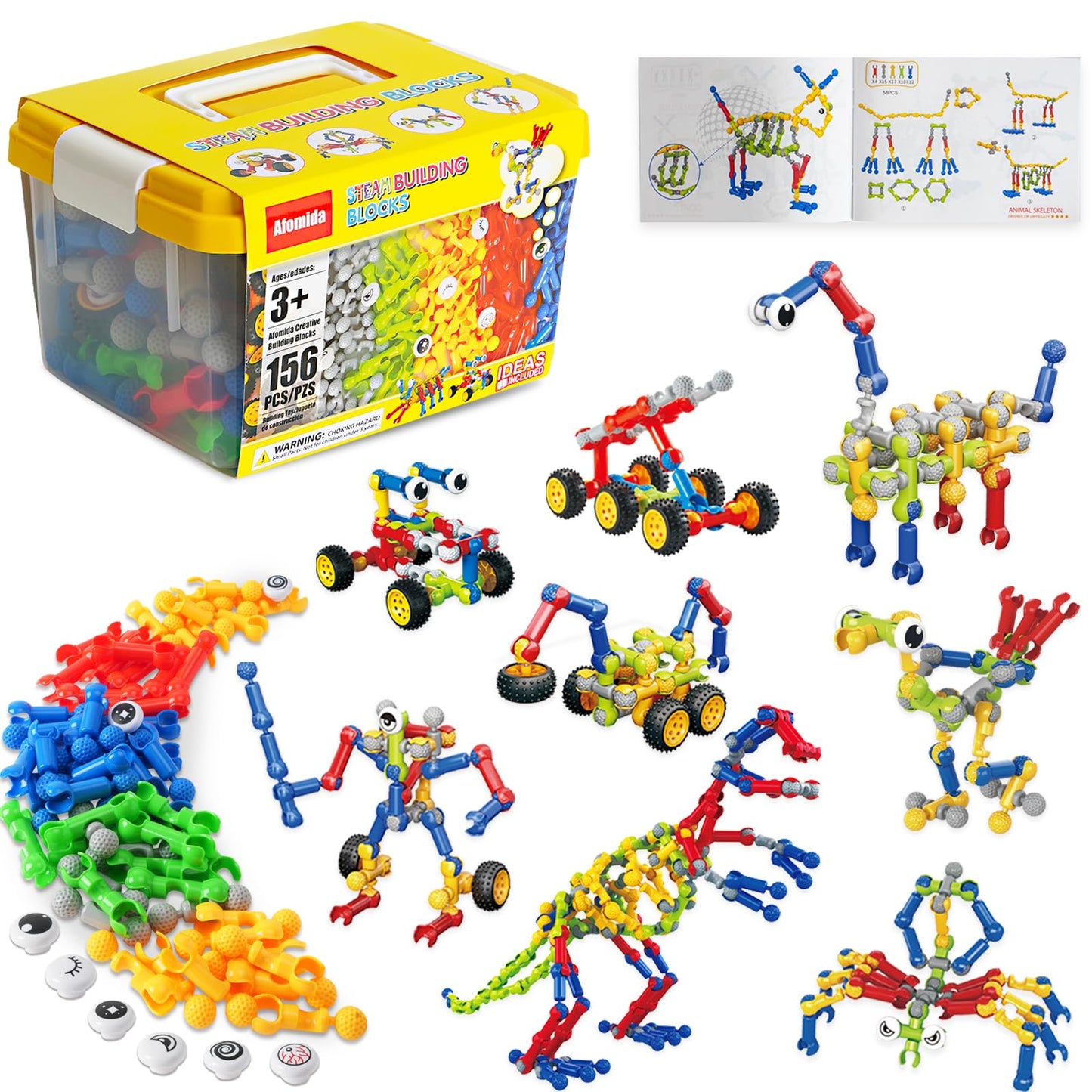 Afomida 156 PCS Creative Building Blocks Building Toy Set - Featuring Storage, Includes Dinosaur, Robot, Car, Spider, Dog, Anima