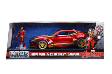 Jada Toys Die-cast Iron Man & 2016 Chevy Camaro, 1:24 Scale, Red, Model 99724, Rubber Material