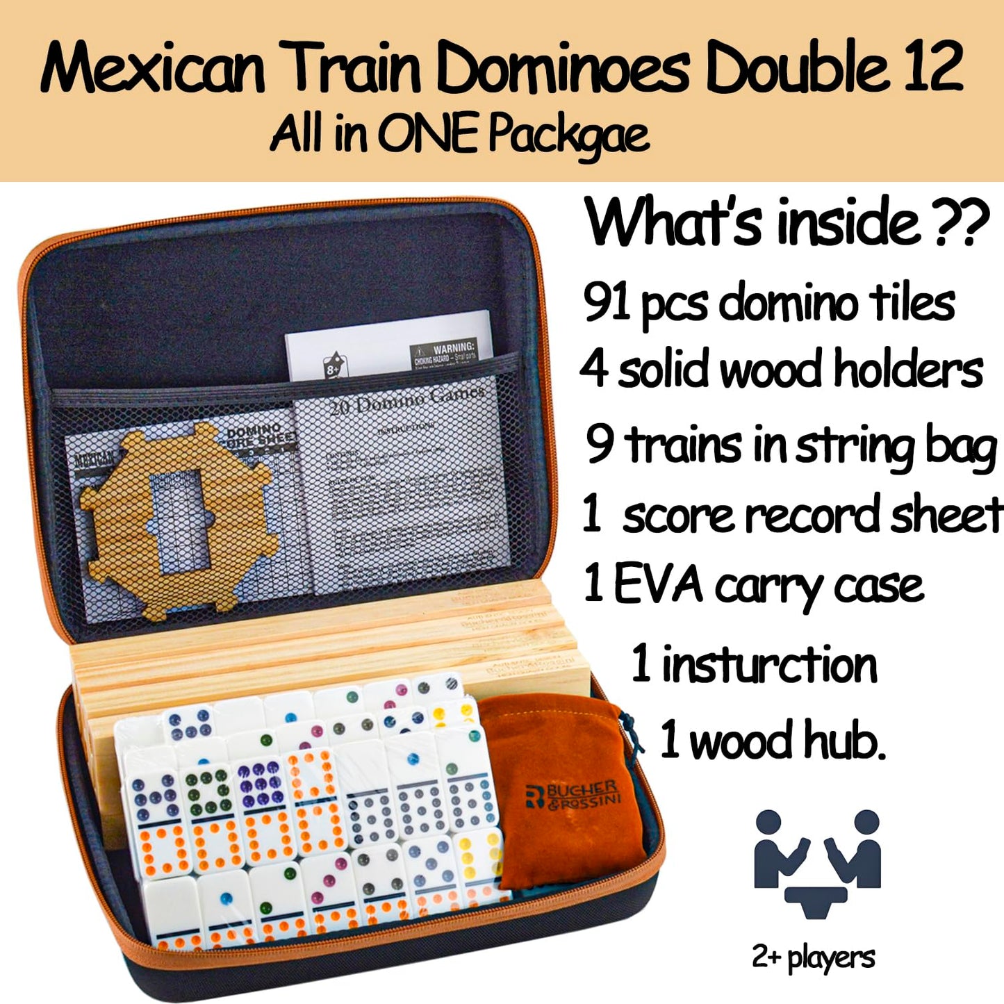 Bucher&Rossini Double 12 Dominoes Set with 4 Racks, Hard EVA Case, for Adults & Kids, Mexican Train Game