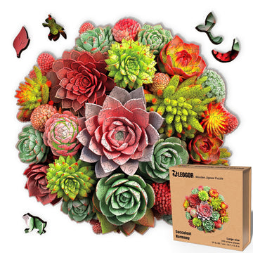Leogor Large Wooden Jigsaw Puzzles For Adults With Whimsical Pieces – 350 Piece Colorful Wood Succulent Puzzle With Unique Animal-Shaped And Flowers-Inspired Pieces – Beautiful Mosaic, 15.7'' X 15.3''