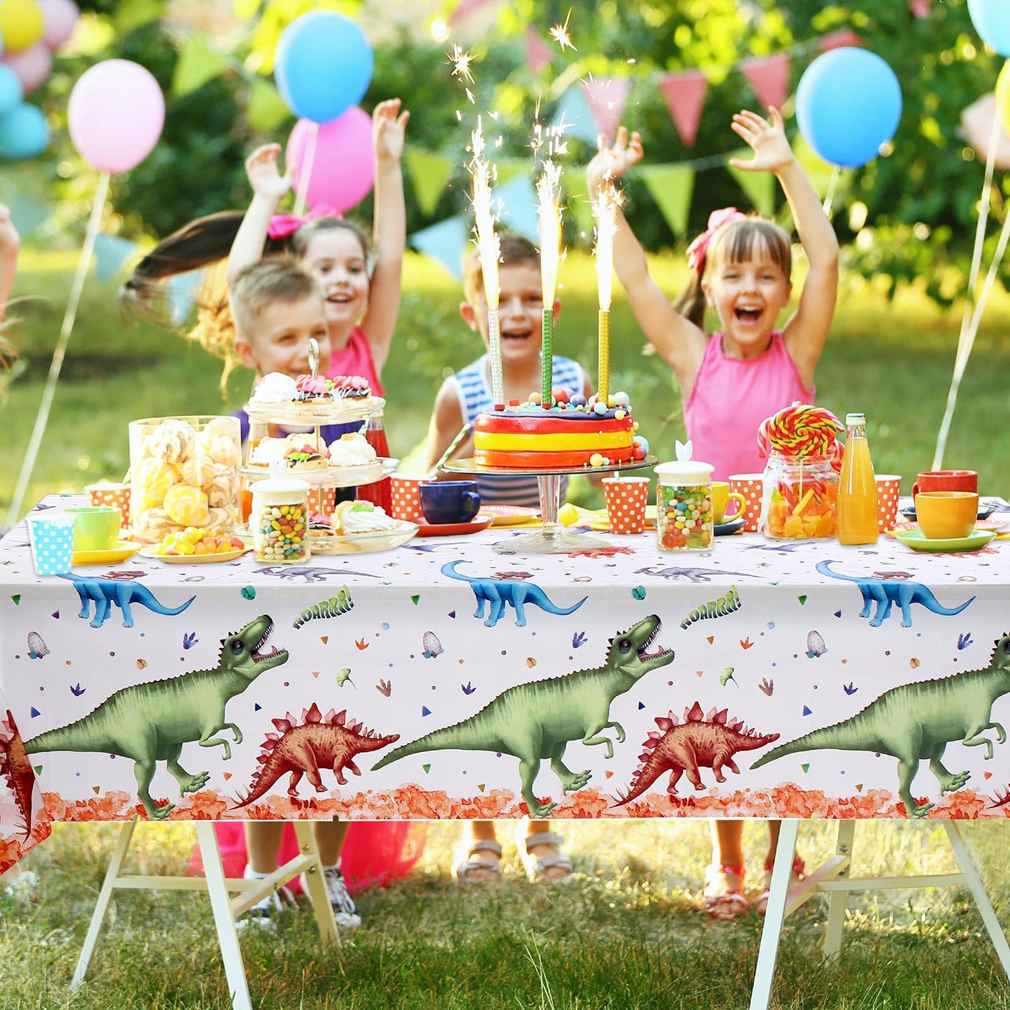 Tatuo 3 Pcs Watercolor Dinosaur Tablecloth 54 x 108 Inch Dinosaur Birthday Party Plastic Table Cover Decoration Disposable Water