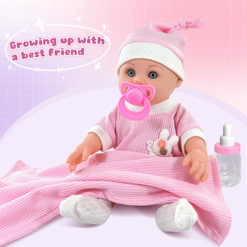 12'' Baby Doll For Toddlers 1-3, Baby Doll Set With Accessories Includes Pink Clothes, Pacifier, Feeding Bottle, Blanket, First