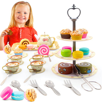 Tea Party Set for Little Girls Pretend Play for Toddlers Princess Tea Time, 39 Pcs Kids Tin Tea Set Cups, Teapot, Plastic Cakes 