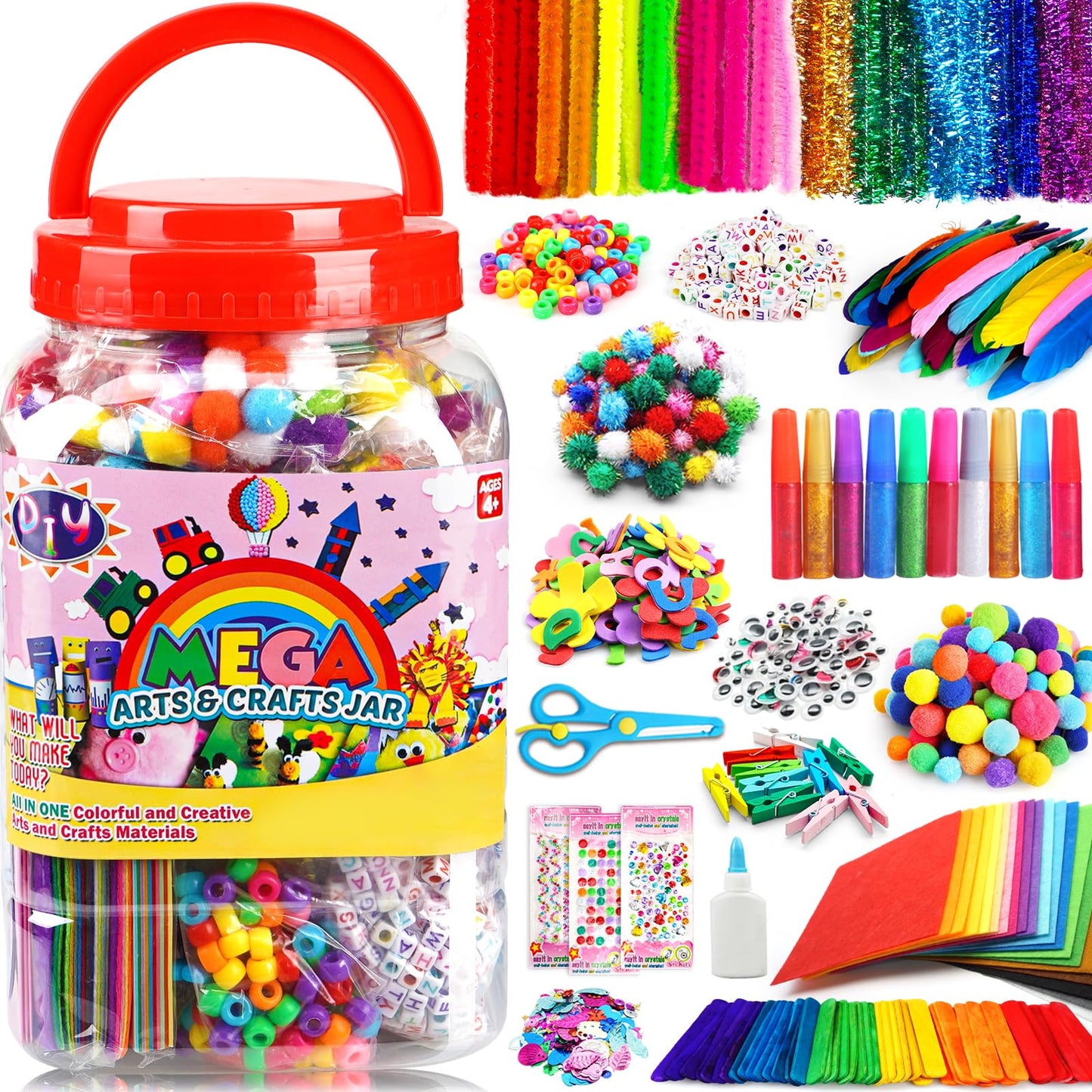 FUNZBO Arts and Crafts Supplies for Kids -Kids Craft Kit with Pipe Cleaners, Popsicle Sticks, Pompoms & Stickers, All in One Hom