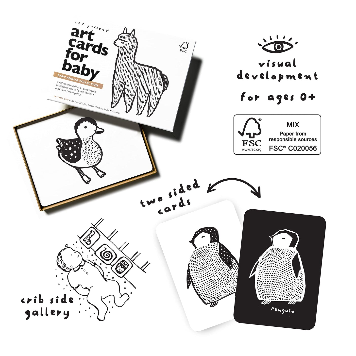 Wee Gallery Black And White Art Flash Cards For Babies, High Contrast Educational Animal Picture Cards, Baby Visual Stimulation, Brain And Memory Development In Infants And Toddlers - Baby Animals