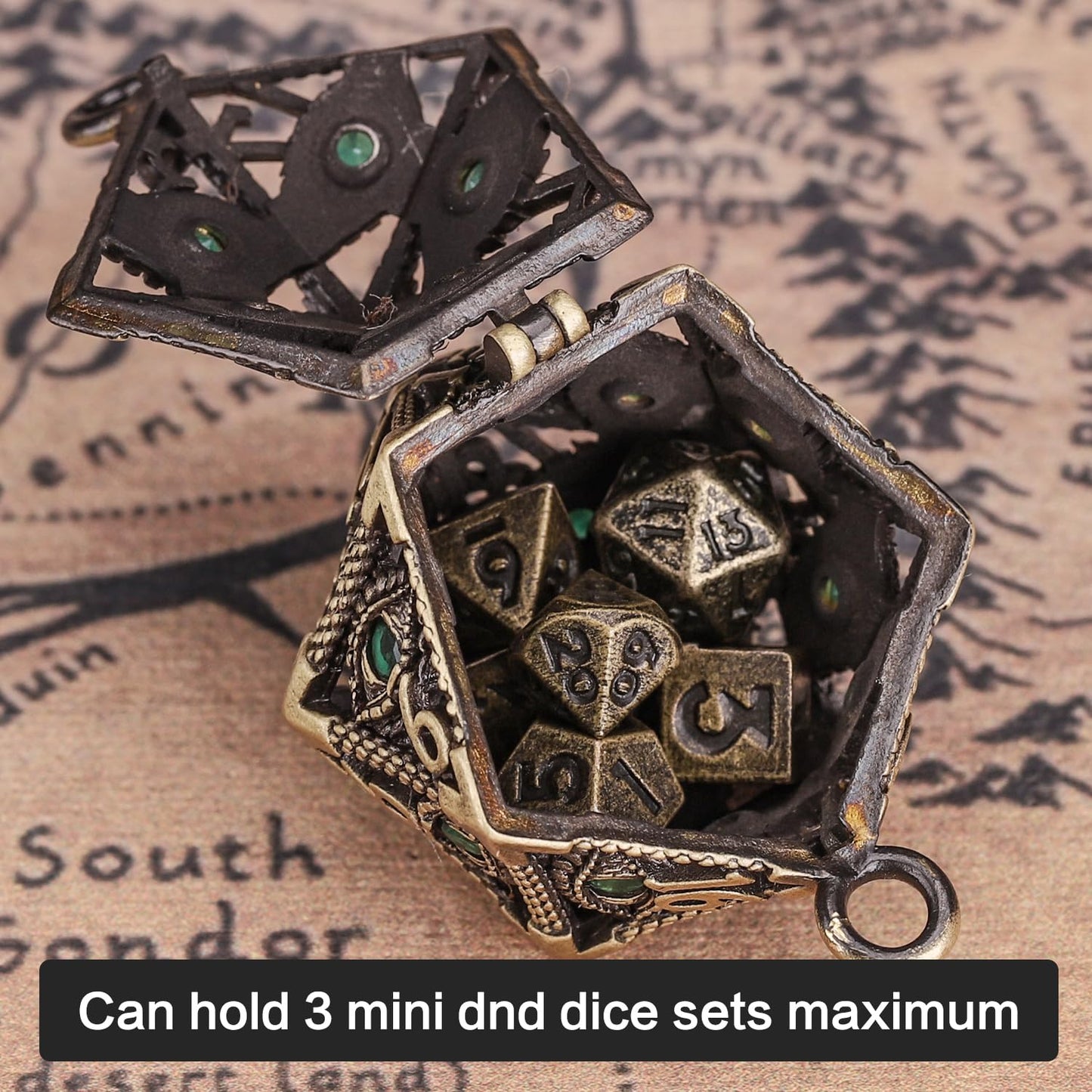 ManChDa Mini Metal DND Dice Set Hollow D20 Necklace Dice DND Case Metal Dice Set DND Keychain 7PCS Dice Set Bronze Green