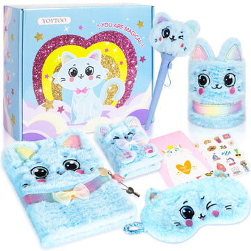 Cat Gifts For Girls, Kids Cat Plush Toys With Secret Diary, Ballpoint Pen, Eye Mask, Pen Holder, Stickers, Birthday Gifts For Little Girls Age 5 6 7 8 9 10-12 Years Old