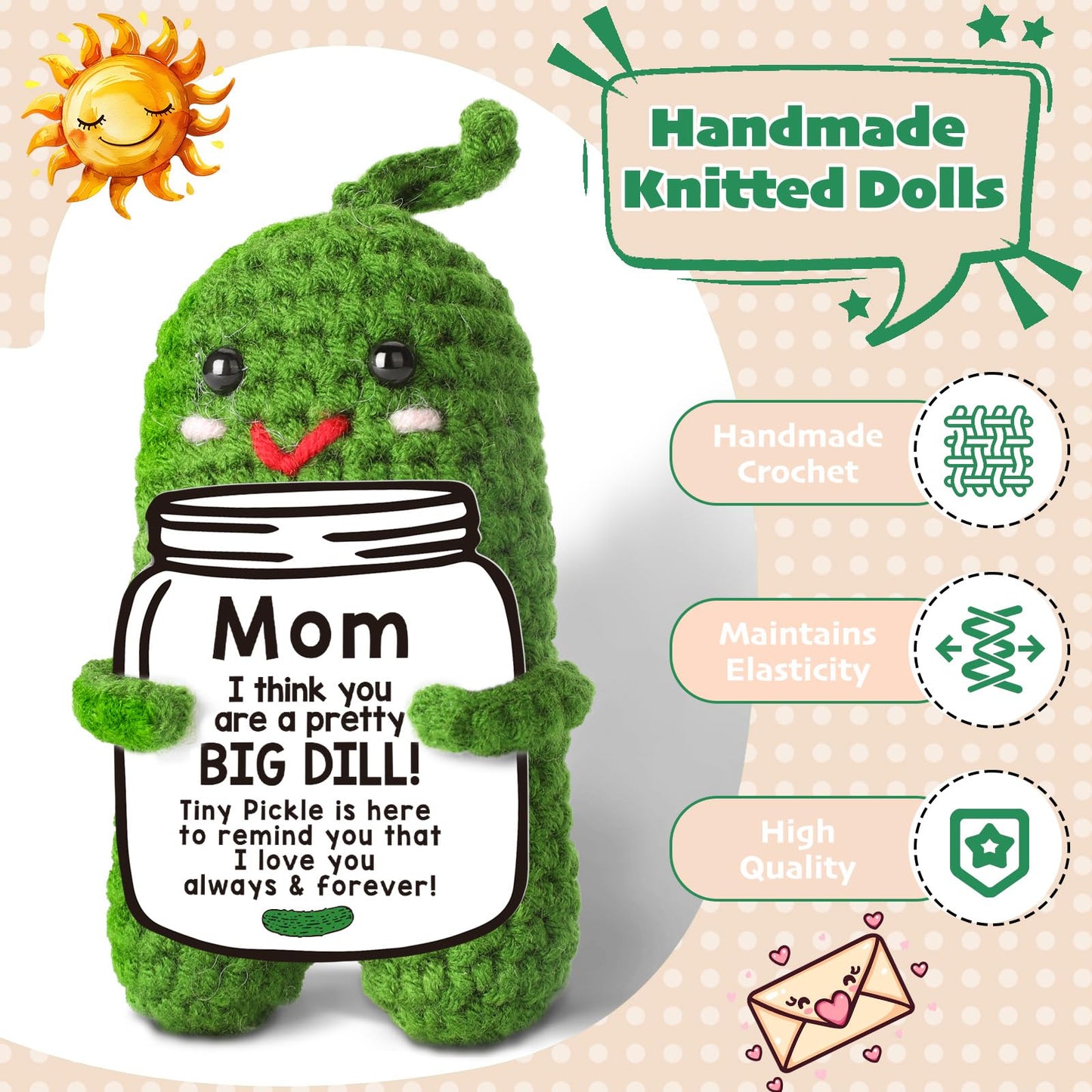 Mothers Day Gift for Mom from Daughter or Son - Funny Crochet Pickle Plush with Heart Card, Cute Handmade Present, Unique Stocki