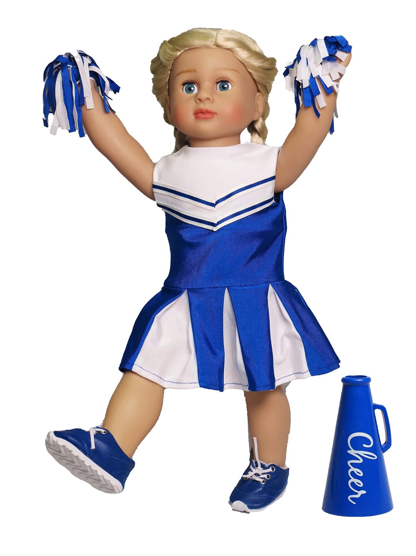 American Fashion World Blue Cheerleading Outfit for 18-Inch Dolls | Accessories Included | enhanced Quality & Trendy Design | Dolls Clothes | Outfit Fashions for Dolls for Popular Brands