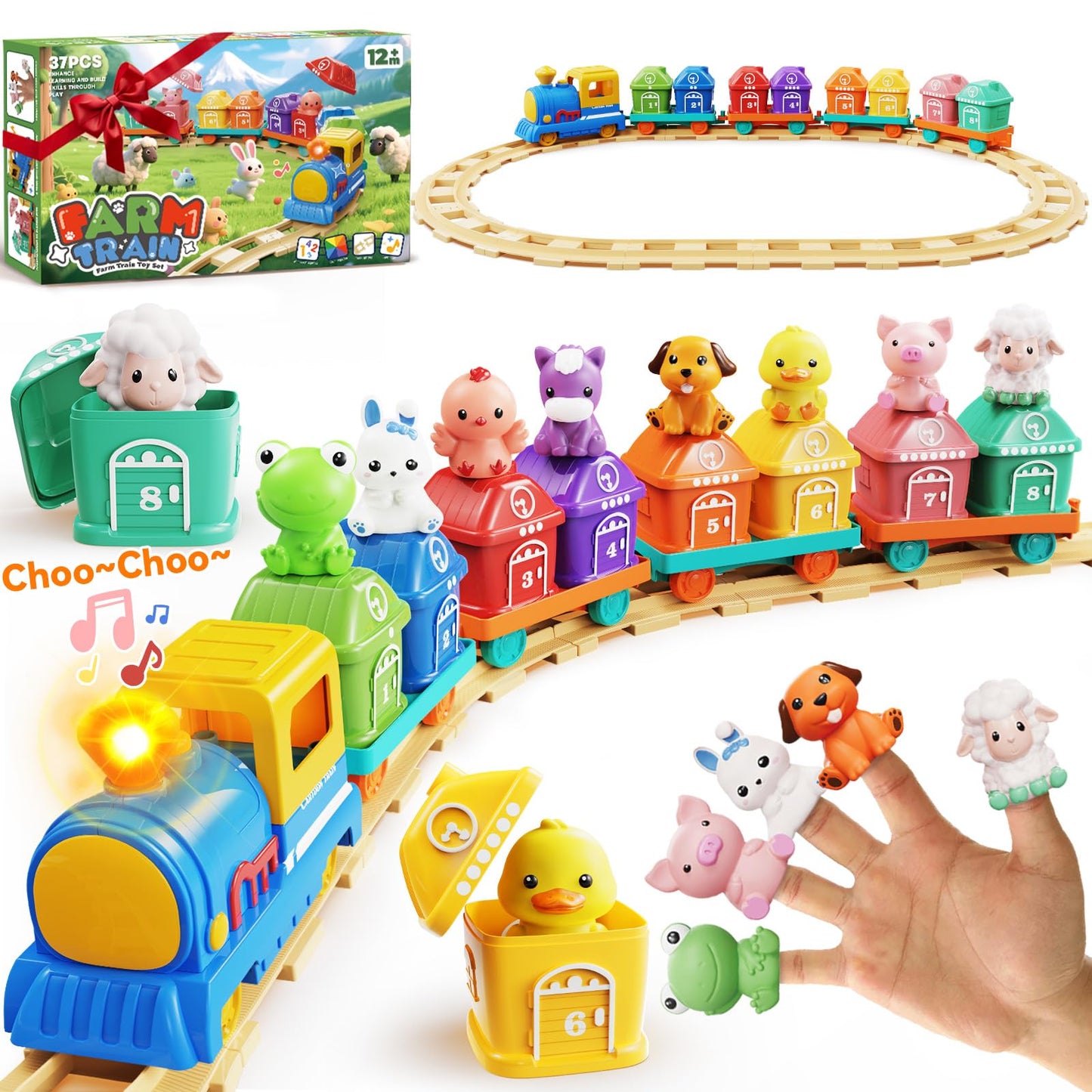 Train Set for Toddlers 2-4  Toddler Toys for 1 2 3 Year Old Boy Girl  Electric Train Set with Music  Light  Tracks  8 Animals & 8 Barns  Learning Toy for 1 2 3 Year Old  Birthday Gift for Boy Girl