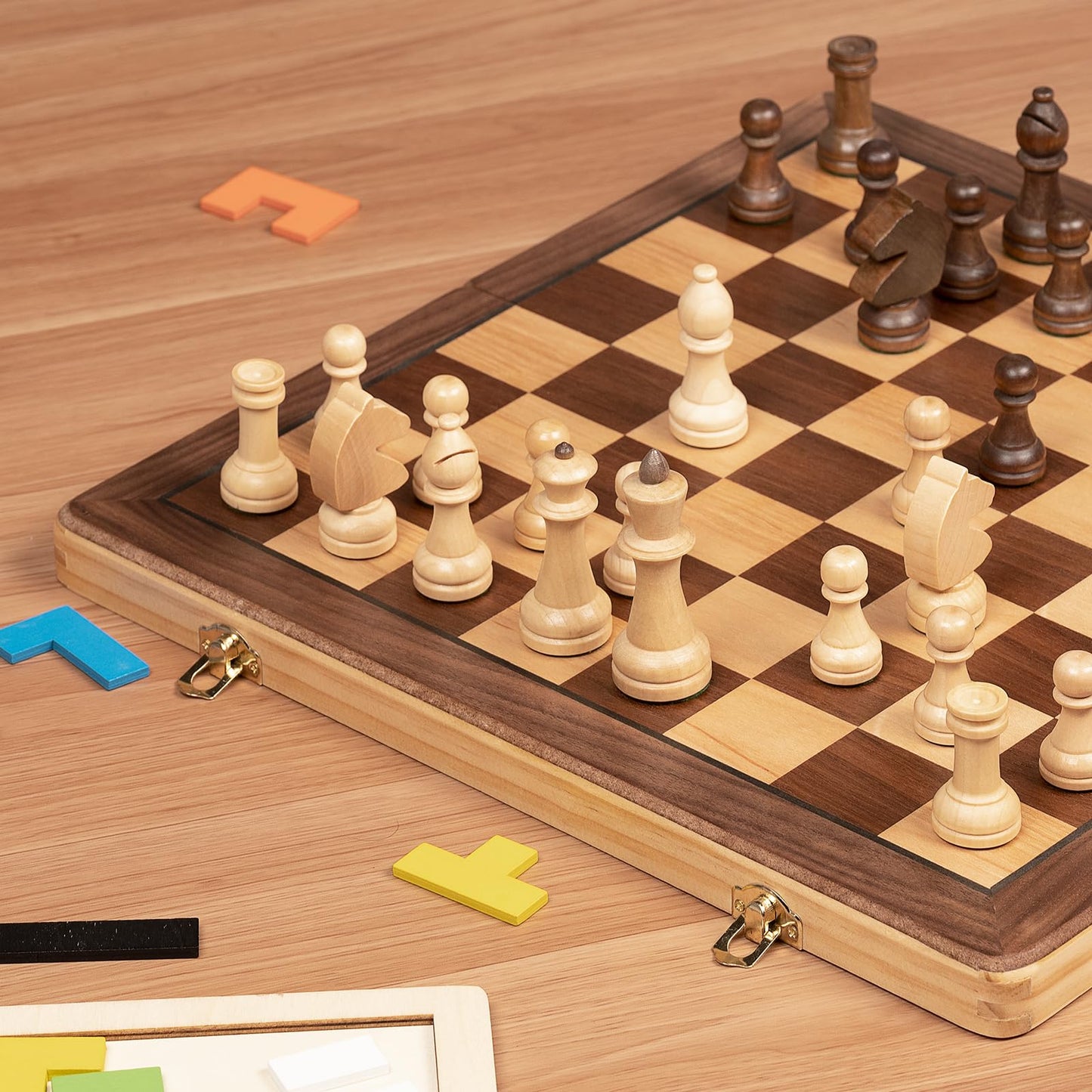 Lingle 15 Inch Travel Wooden Folding Chess Set W/ 3 Inch Kh Chess Pieces- Walnut & Maple Inlay Board Games