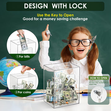 Piggy Bank For Adults Kids, Vcertcpl Acrylic Clear Piggy Bank With Lock Money Saving Box For Cash Saving, Openable Adults Piggy Bank For Real Money Bank Coin Bank Change Jar