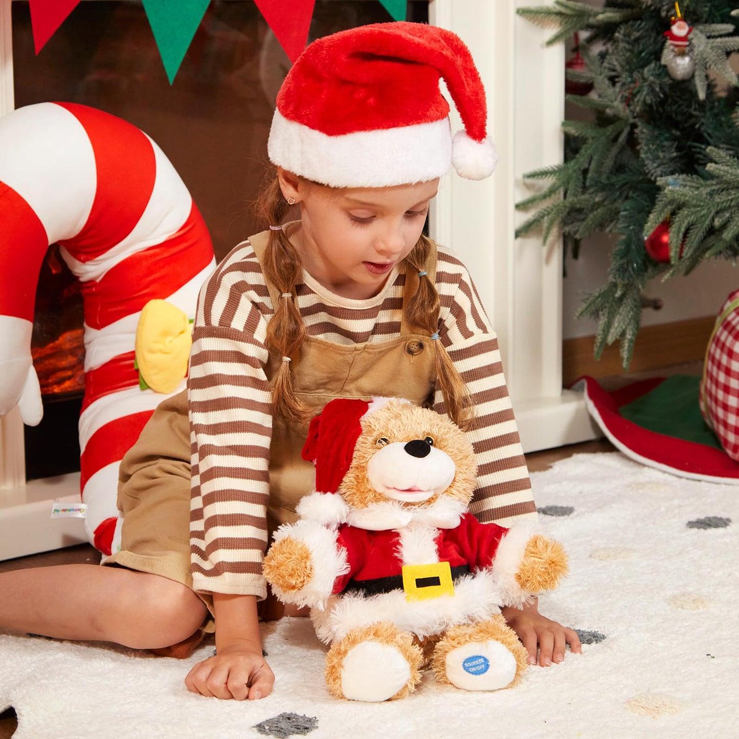 Specialyou Christmas Santa Teddy Bear Singing Stuffed Animal Interactive Musical Plush Electric Toy With Christmas Hat Companion For Kids Girls Boys New Year Decor