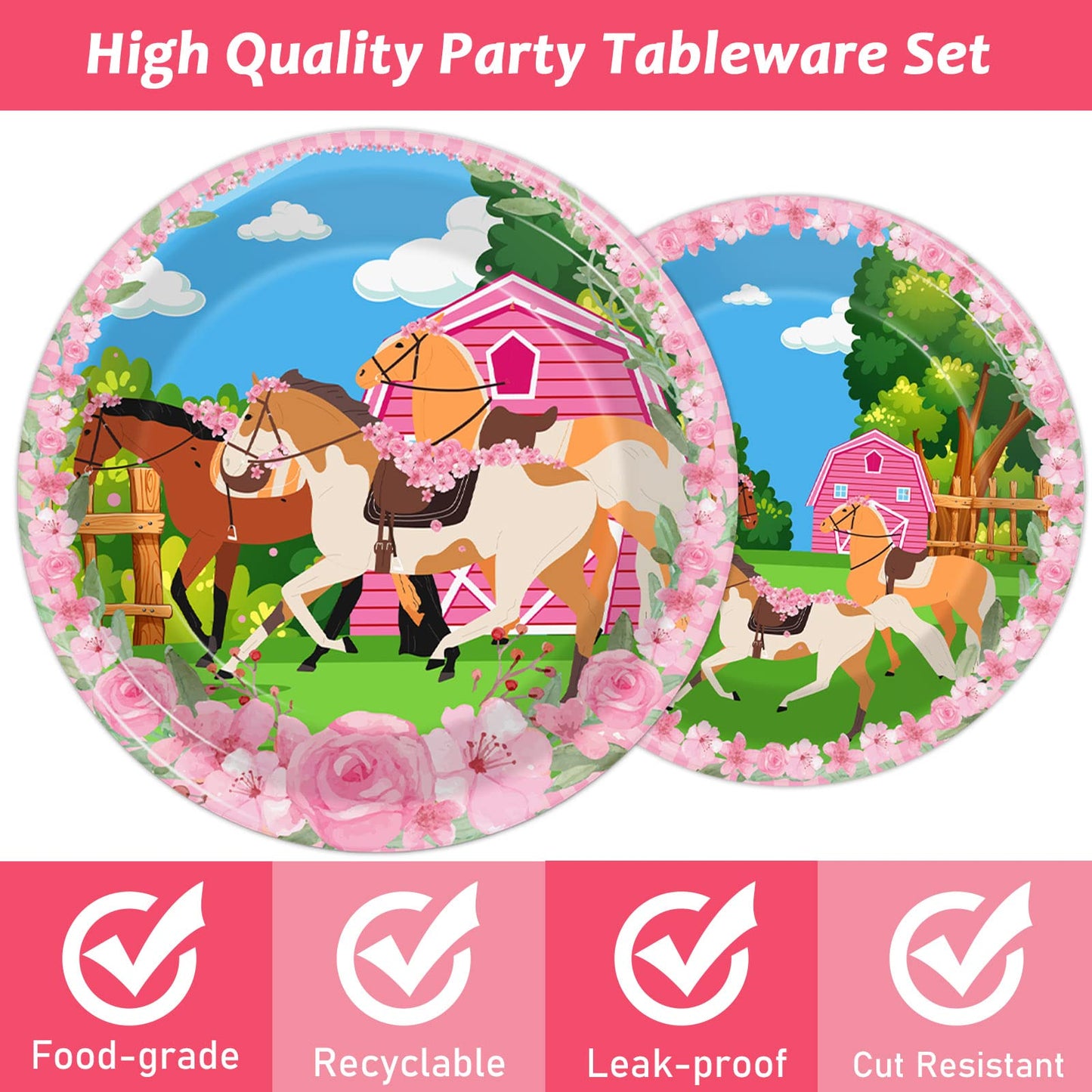 Wiooffen 96 Pieces Horse Birthday Plates Napkins Kentucky Derby Pink Horse Party Decorations Horse Paper Plates Cowgirl Western