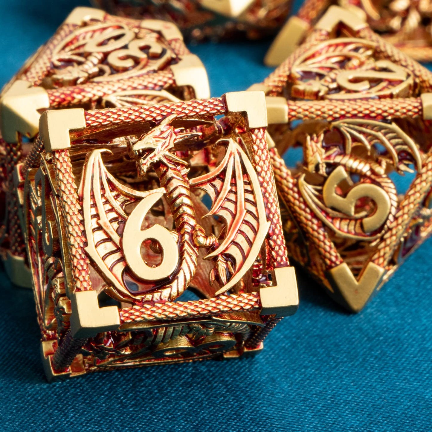 ARUOHHA Hollow DND Metal Dice Set Dungeons and Dragons Dice RPG Role Playing Games, D+D Golden Red Polyhedral Dice D20 D12 D10 D