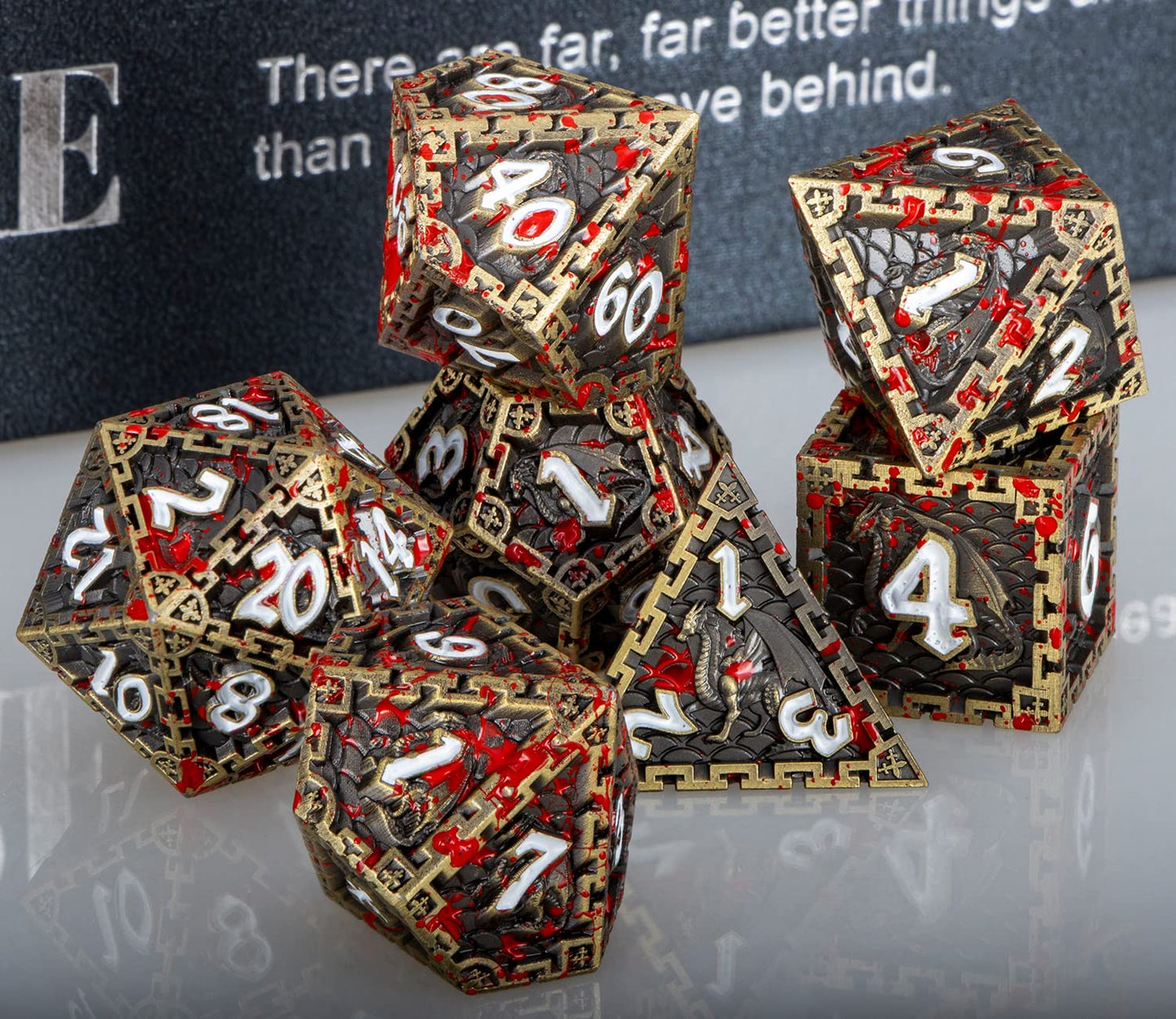 ARUOHHA Metal Blood D&D Dice Bronze Dragon Design DND Dice with Gift Box, D + D Large Polyhedral Dice for Dungeons and Dragons R