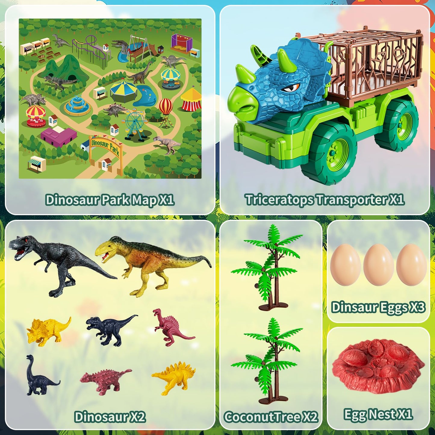MAGICDINOSAUR Triceratops Truck Toy for Kids 3+ Years, Large Vehicle Carrier with Dinosaur Eggs, Jurassic Dinosaur Figures, Play