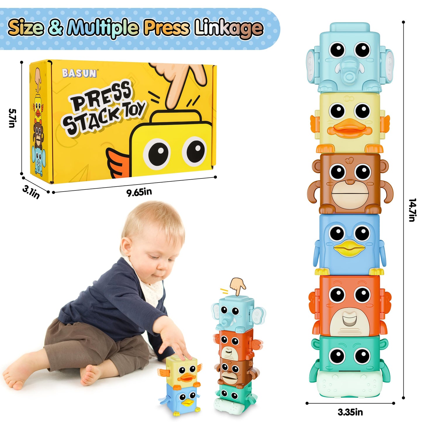 Stacking Toys Set For Toddlers 18+ Months, 6 In 1 Infant Sensory Toys With Changing Expressions, Pressable Animal Stacking Block