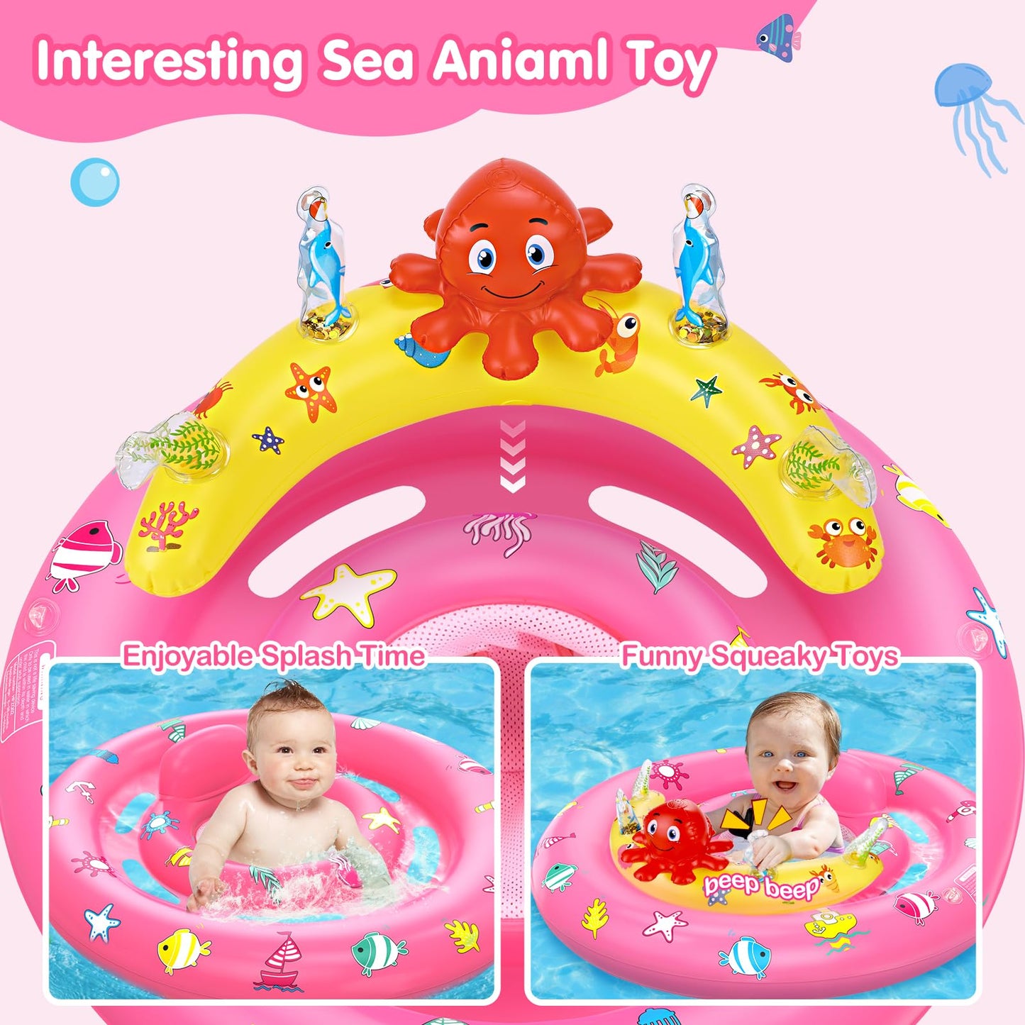 Baby Pool Float with Canopy, Inflatable Baby Swim Float with UPF50+ Sun Protection, Toddler Infant Pool Float with Toy Play Cons