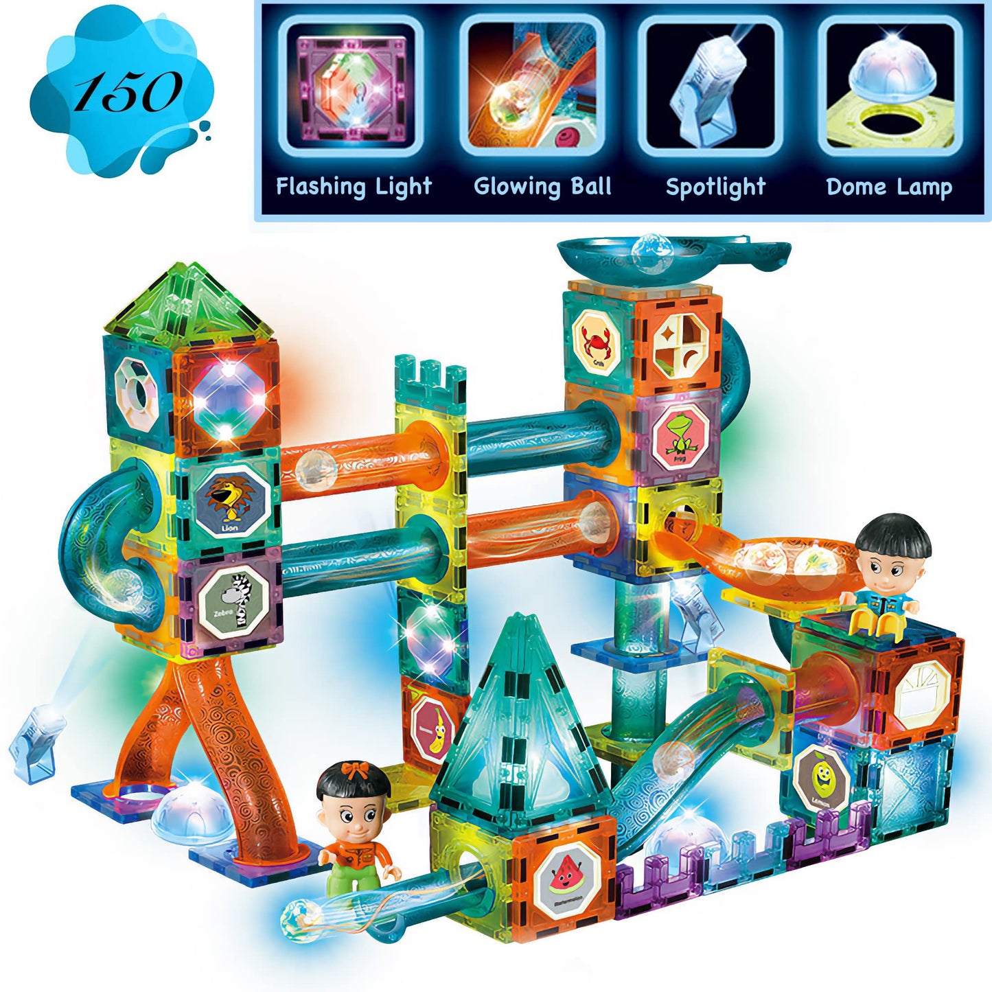 Glowing Magnetic Tiles Marble Run Race Track Super Set - 150 Complete Pieces Glow In The Dark Stem Magnetic Building Blocks Gravity Marble Maze Games For Toddlers Kids Boys Girls Ages 3+ Years