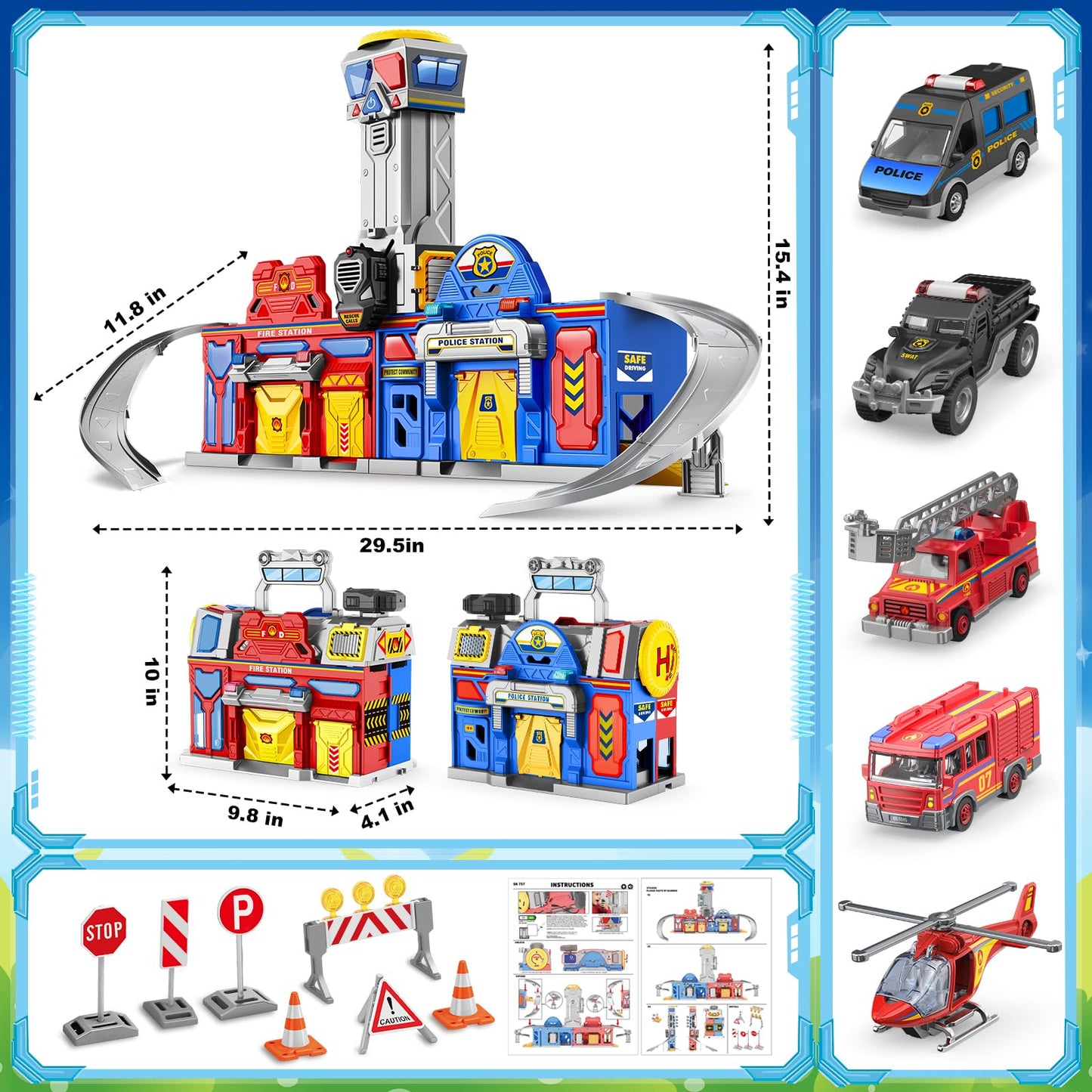 Ochido Boys Toys For 3 4 5 6 Years Old,Large City Action Playset Kit With Lights Sounds,Walkie-Talkie,Foldable Police & Fire Station Transform Track Toy With 4 Cars,Helicopter,7 Accessories