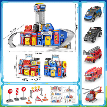 Ochido Boys Toys For 3 4 5 6 Years Old,Large City Action Playset Kit With Lights Sounds,Walkie-Talkie,Foldable Police & Fire Station Transform Track Toy With 4 Cars,Helicopter,7 Accessories