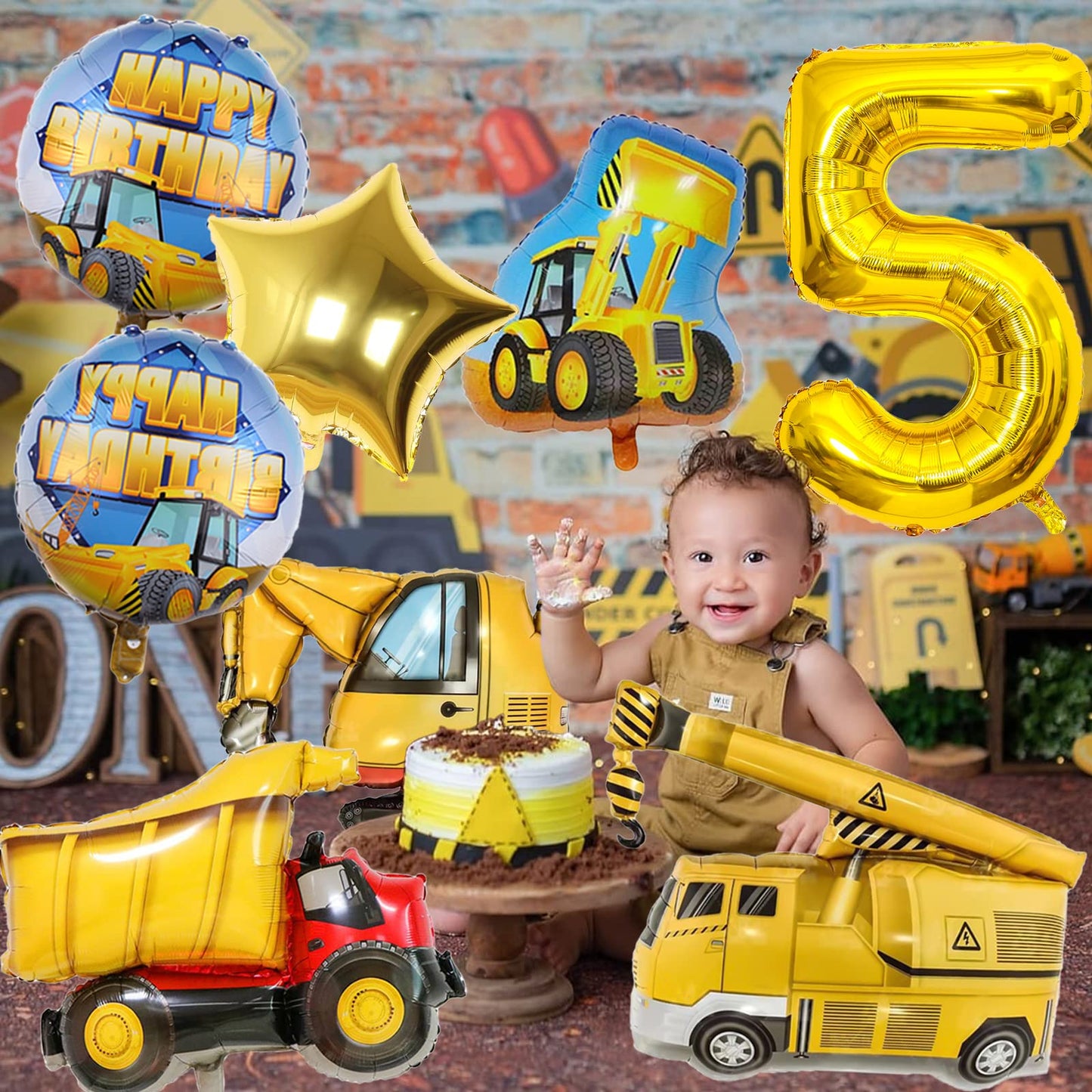 Construction Birthday Party Supplies 5 Year Old, 9Pcs Construction Balloons Set With Gold Number 5 Balloons, Large Construction