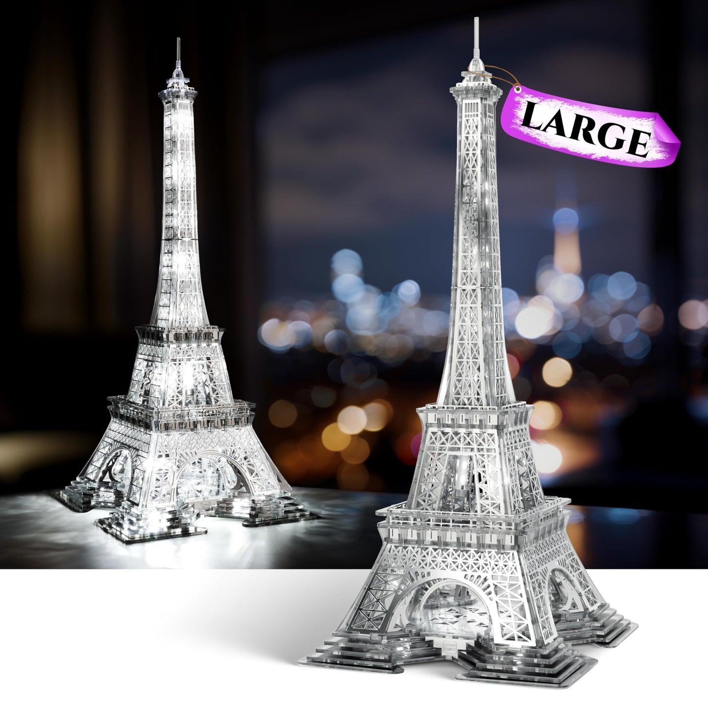 Funpola Led 3D Puzzle Eiffel Tower Building Model - 3D Architecture Building Model - Landmark Of Paris At Night - 3D Acrylic Puzzle Décor Lamp Diy Ornament Nightlight(Large,Gold)