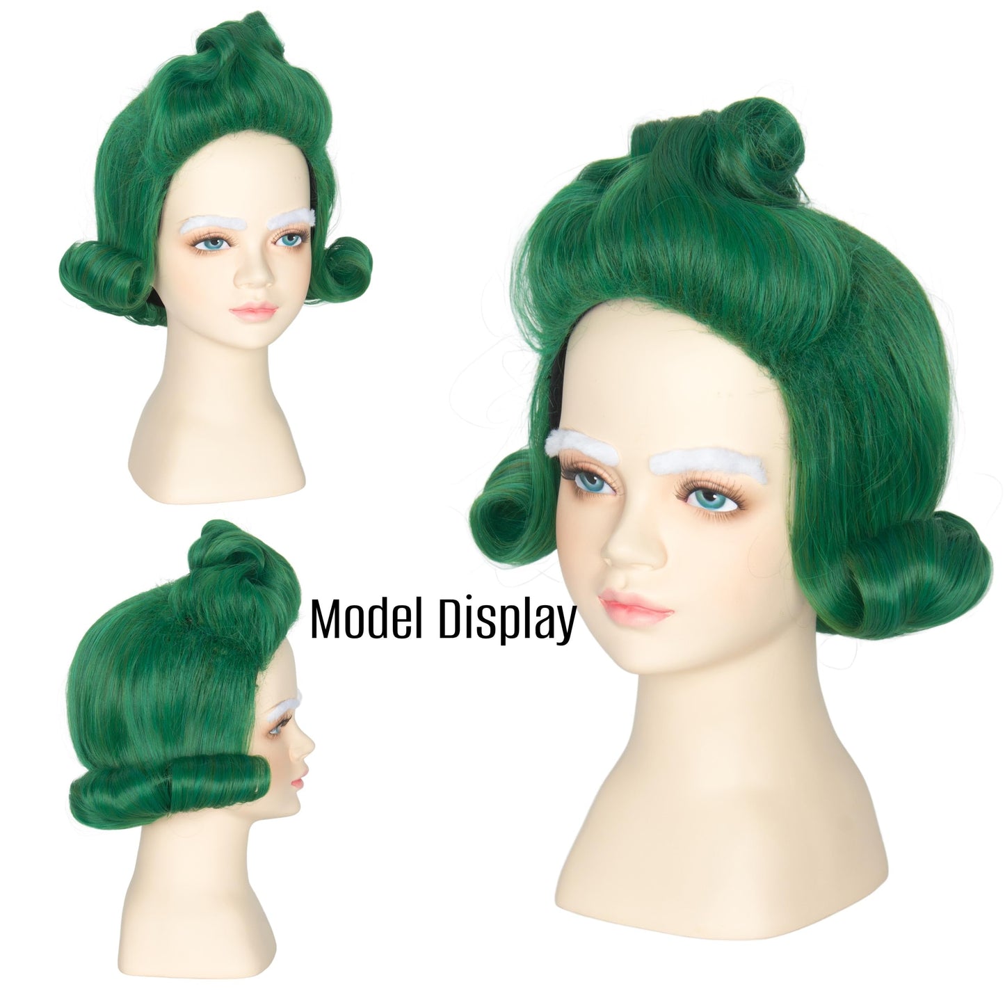 Yan Dream Kids Short Wavy Green Wig With White Eyebrows For Child Funny Wigs Halloween Party