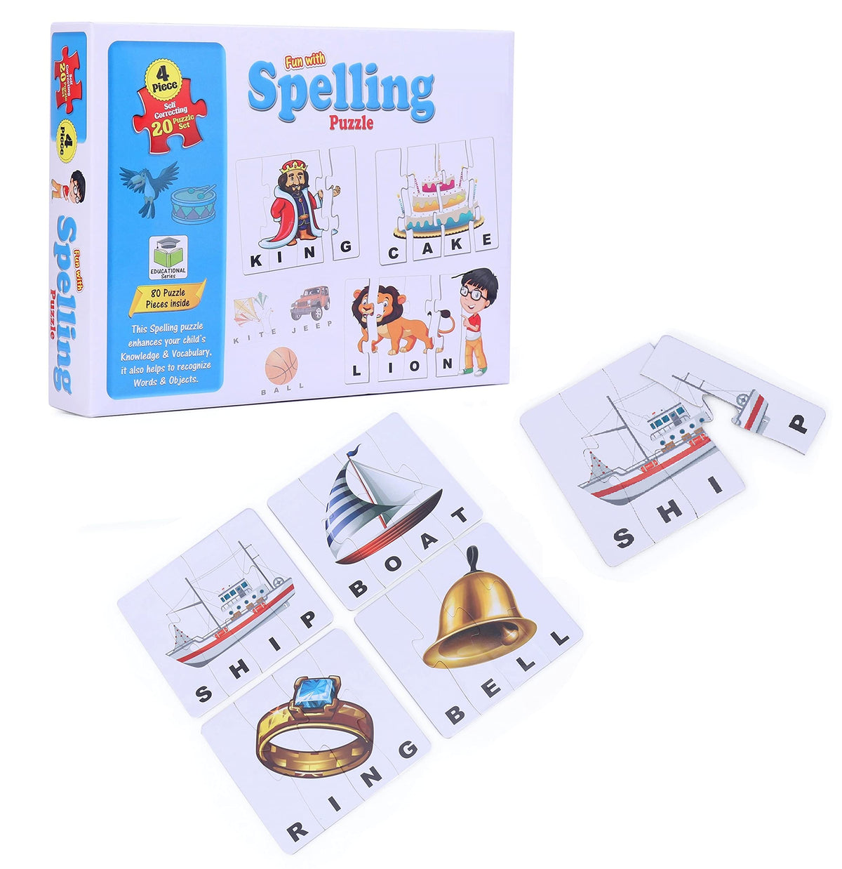 Ngel Educational Jigsaw Puzzle Sets/SelfCorrecting Spelling Puzzle With Matching Images/ 20 Spelling Learning Puzzle Set(4 Lett