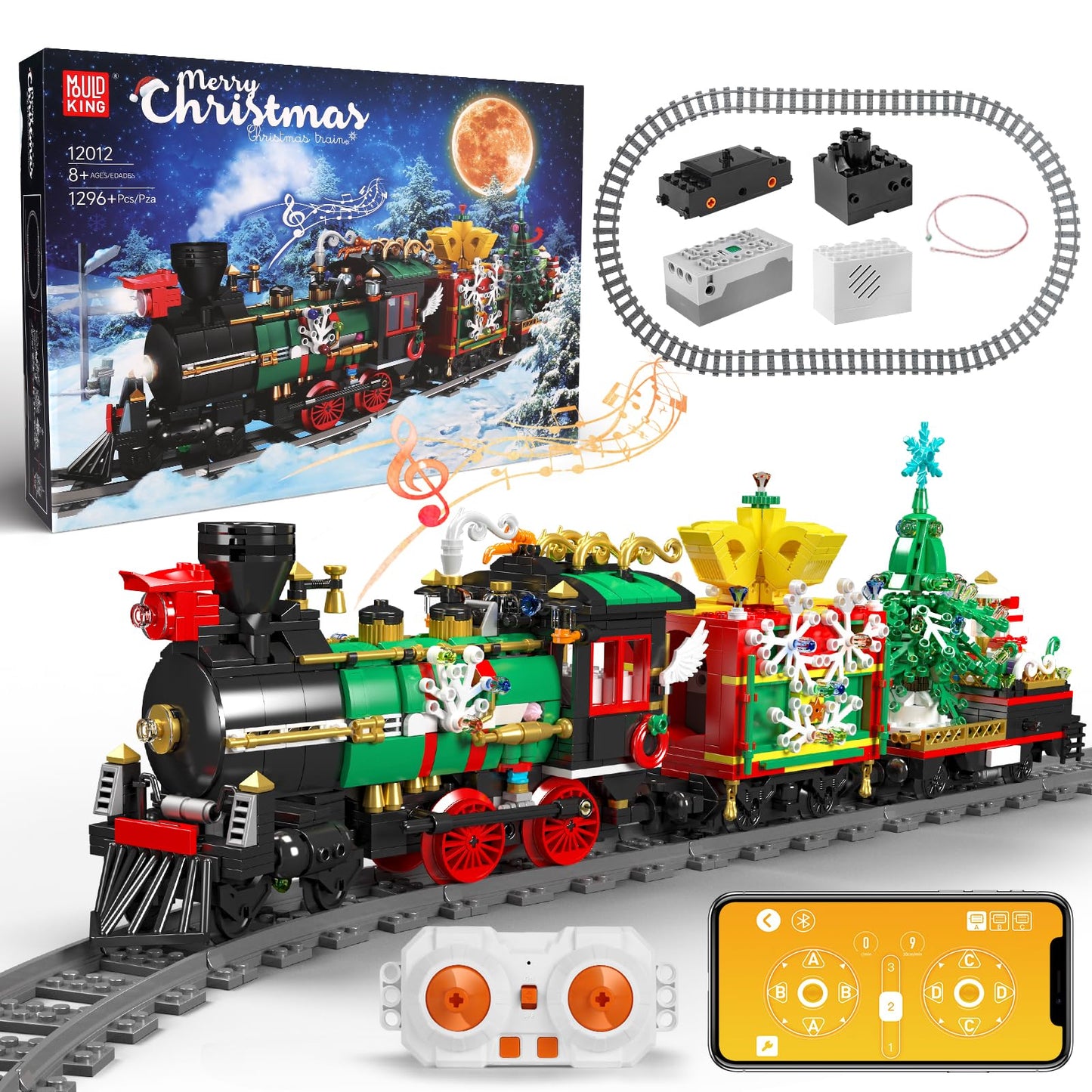 Mould King 12012 Christmas Train Building Block Kits, Electric Led Light,Train Track Vehicle Model Building Sets With Motors,Col