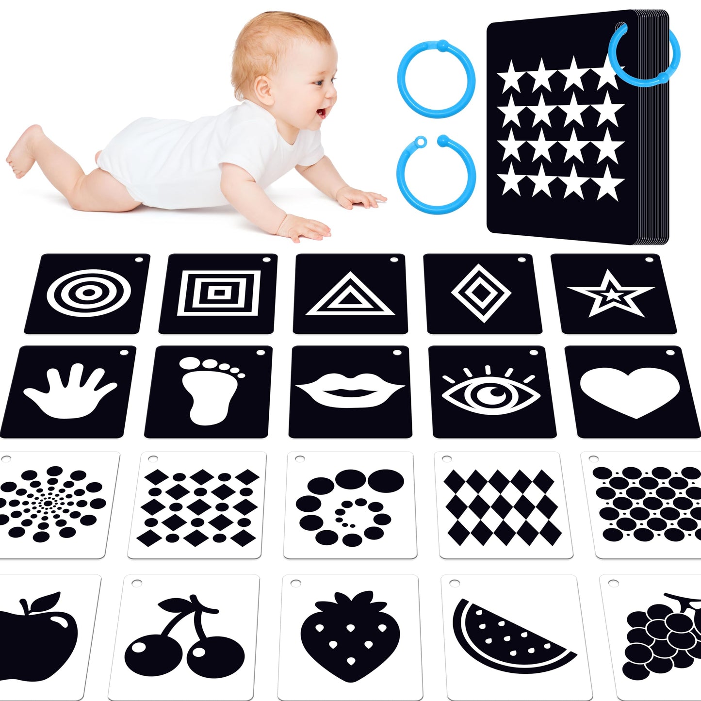 50PCS High Contrast Baby Flashcards  100 Pages Black & White Visual Stimulus Flash Cards  Brain Development Cards Set Montessori Sensory Toys for Infants Newborn Boy Girl Baby Tummy Time (0-3 Months)