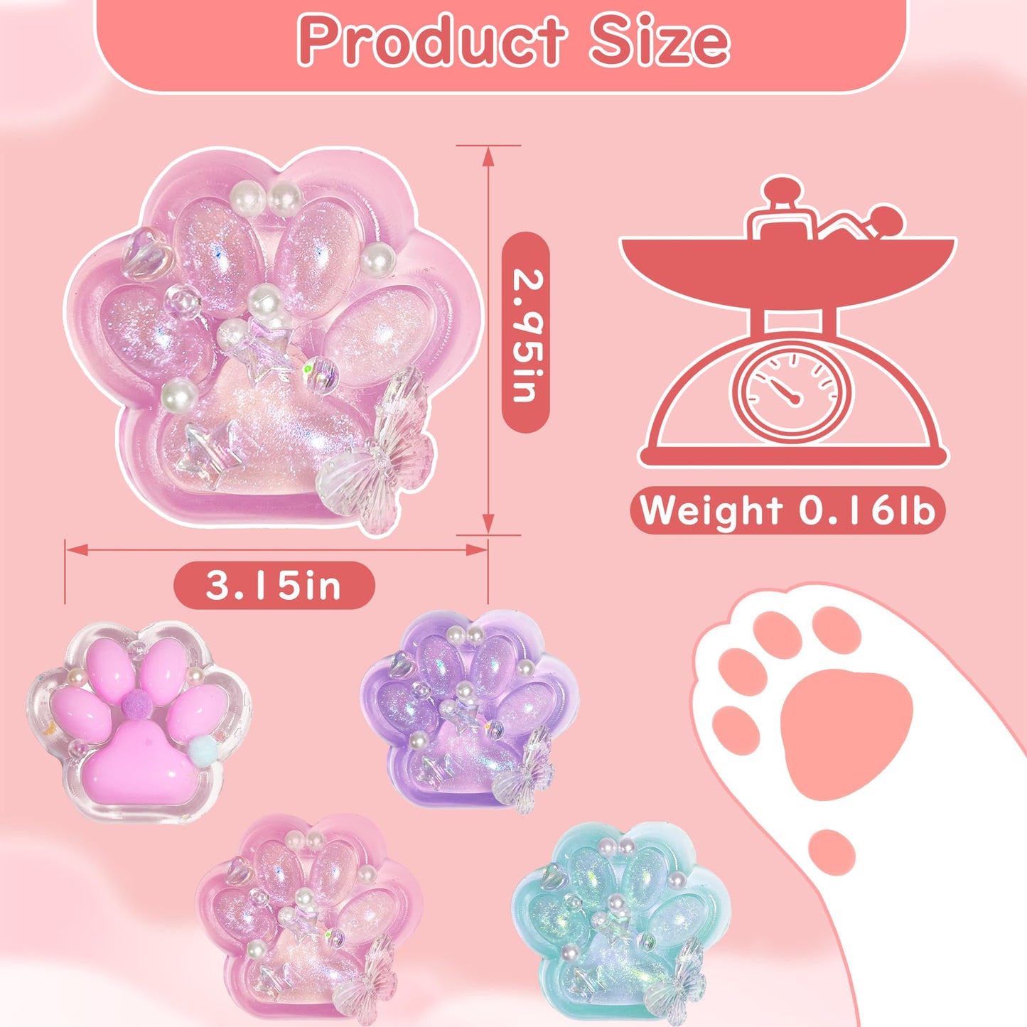 4PCS Cat Paw Squishy Toys  Sparkling Powder Taba Squishy Cute Fufu Cat Paw  Kawaii Pressure-Relief Toy for Kids & mature-themeds