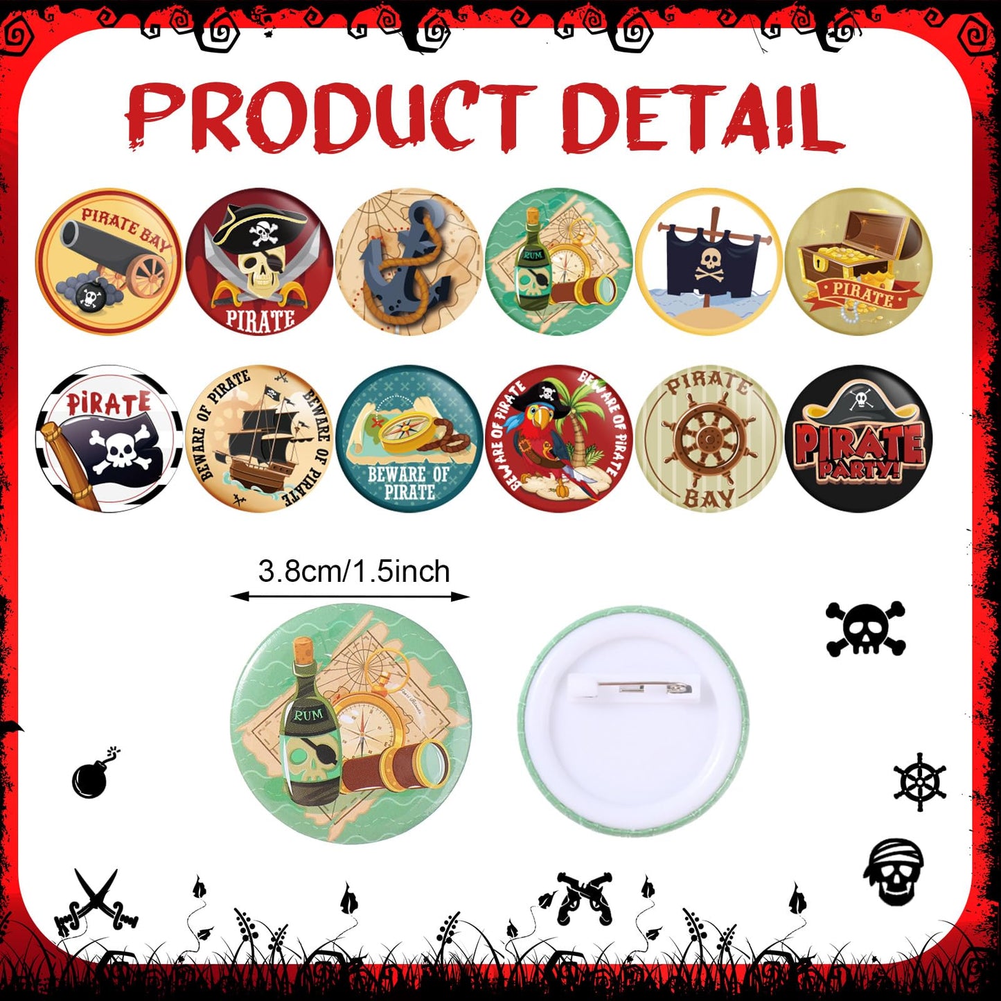 Capoda 60 Pcs Pirate Party Decorations Include 30 Pirate Rubber Bracelets and 30 Pirate Button Pins Badges for Birthday Adventur