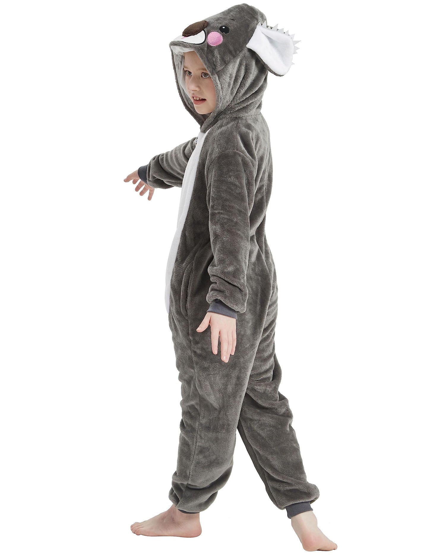 Acogna Onesie Kids Plush Animal Koala Costume One Piece Pajamas Girls Boys Teen Halloween Cosplay Sleepwear Gray 8-9 Years